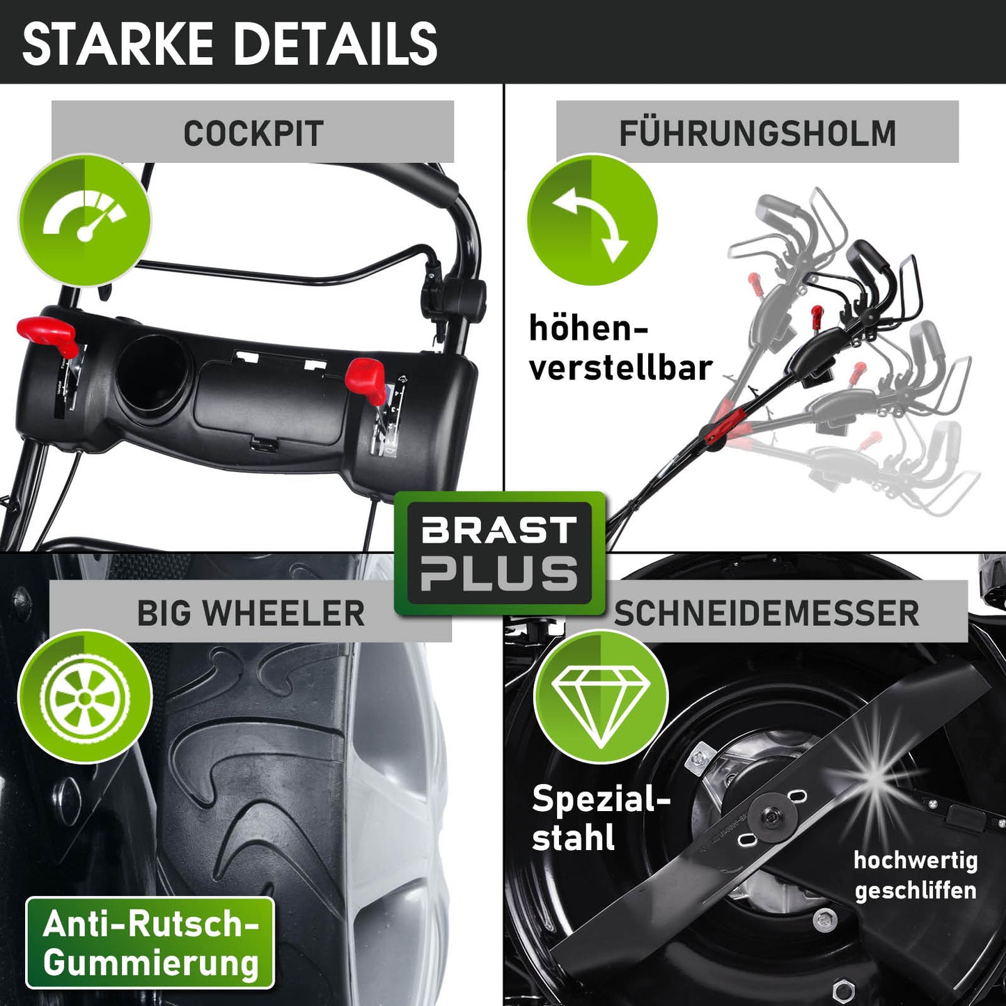 Detailansicht eines schwarzen Benzin-Rasenmähers mit höhenverstellbarem Führungsholm und Anti-Rutsch-Gummierung am Cockpit.