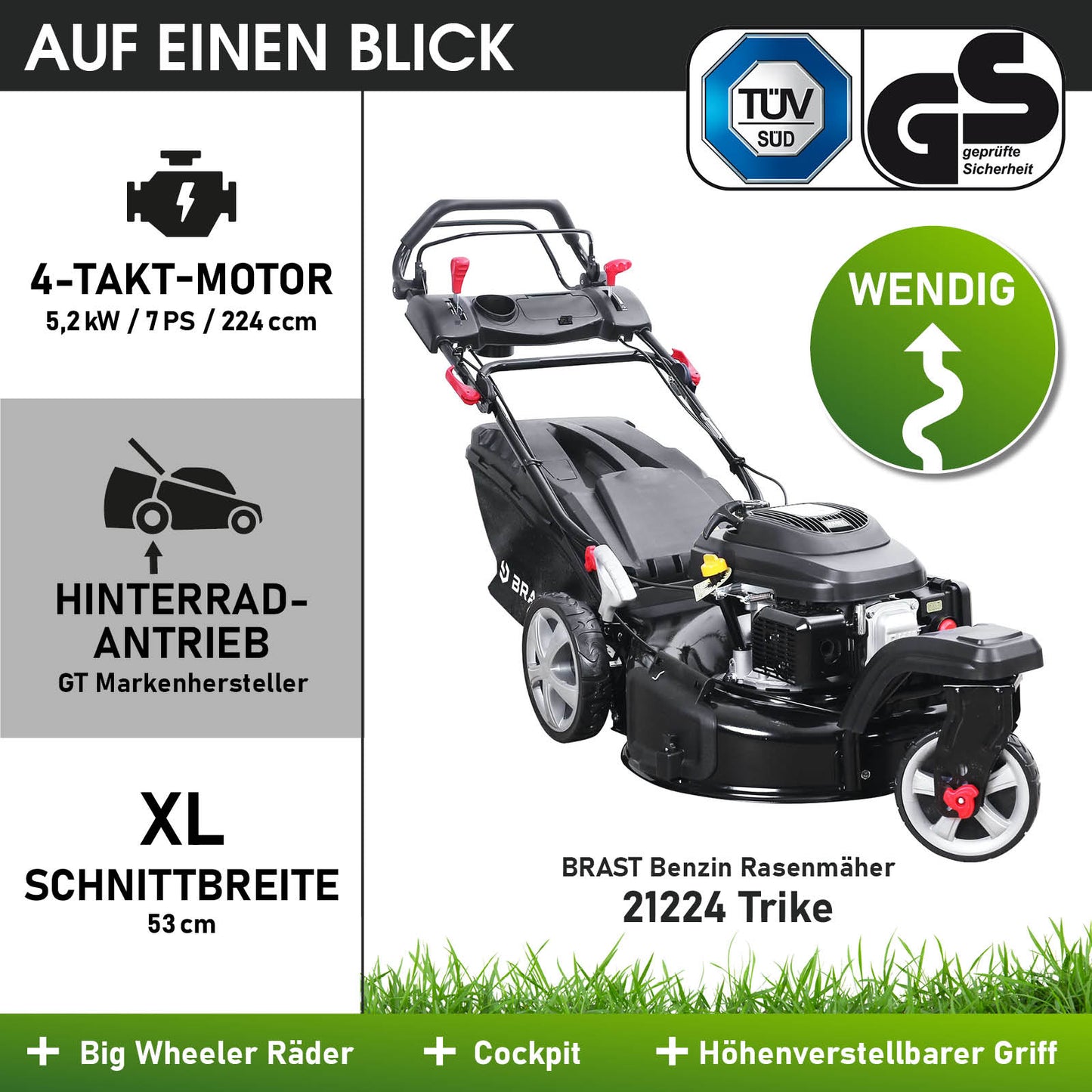 Schwarzer Benzin-Rasenmäher Brast 21224 Trike mit großem Fangsack, höhenverstellbarem Griff und großem Cockpit.