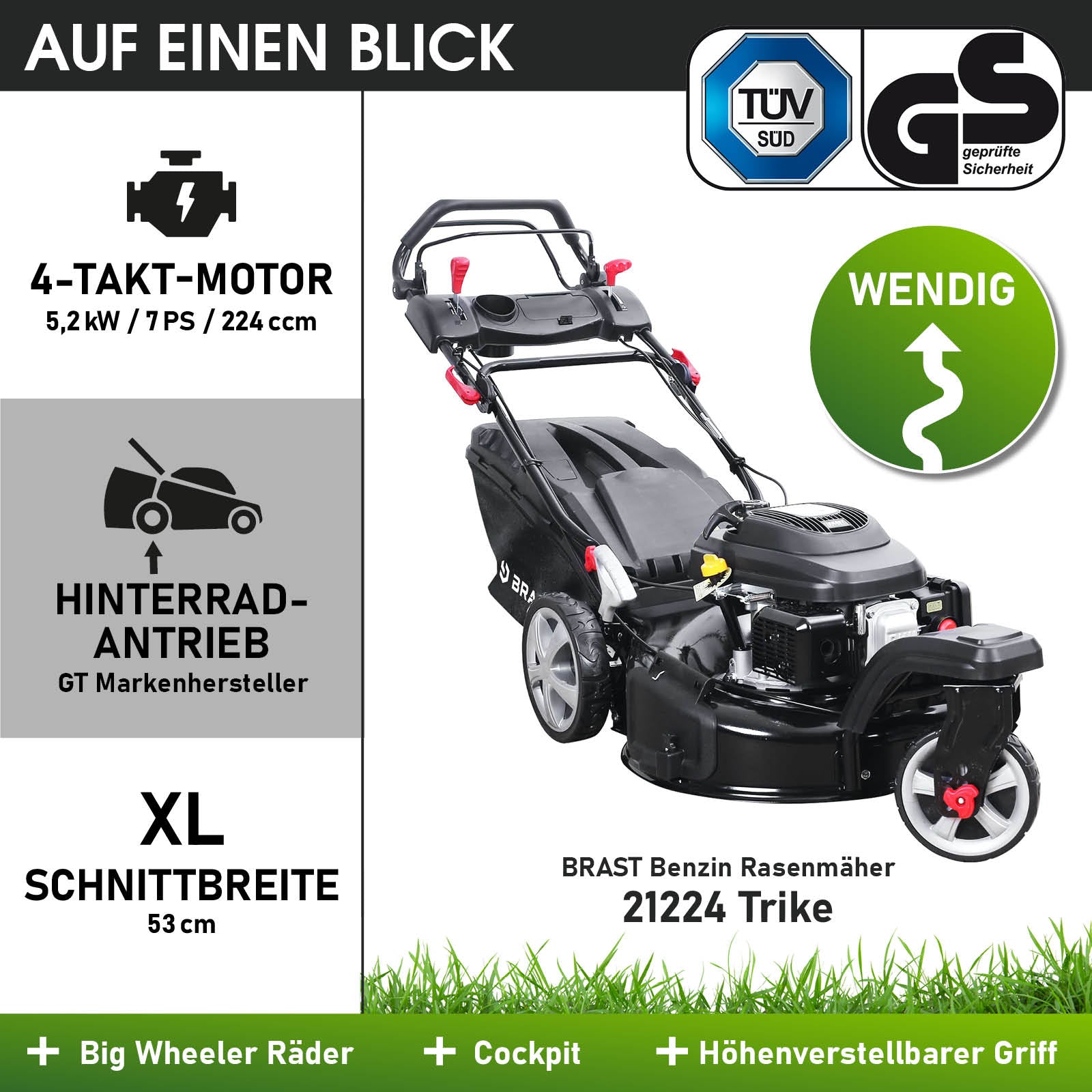 Schwarzer Benzin-Rasenmäher Brast 21224 Trike mit großem Fangsack, höhenverstellbarem Griff und großem Cockpit.