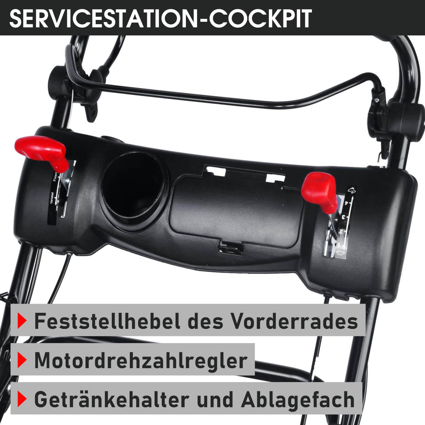 Schwarzes Bedienfeld mit roten Hebeln, Getränkehalter und Ablagefach am Rasenmäher Trike Cockpit.