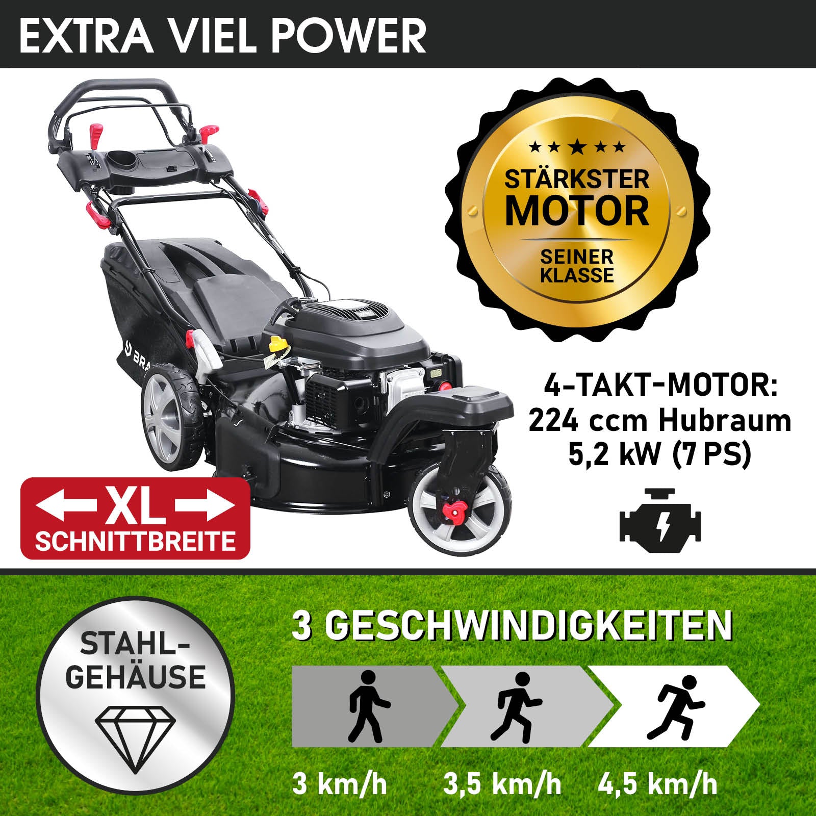 Schwarzer Benzin-Rasenmäher mit 21-Zoll Schnittbreite, Stahlgehäuse und 4-Takt-Motor mit 7 PS, 3 Geschwindigkeiten,.