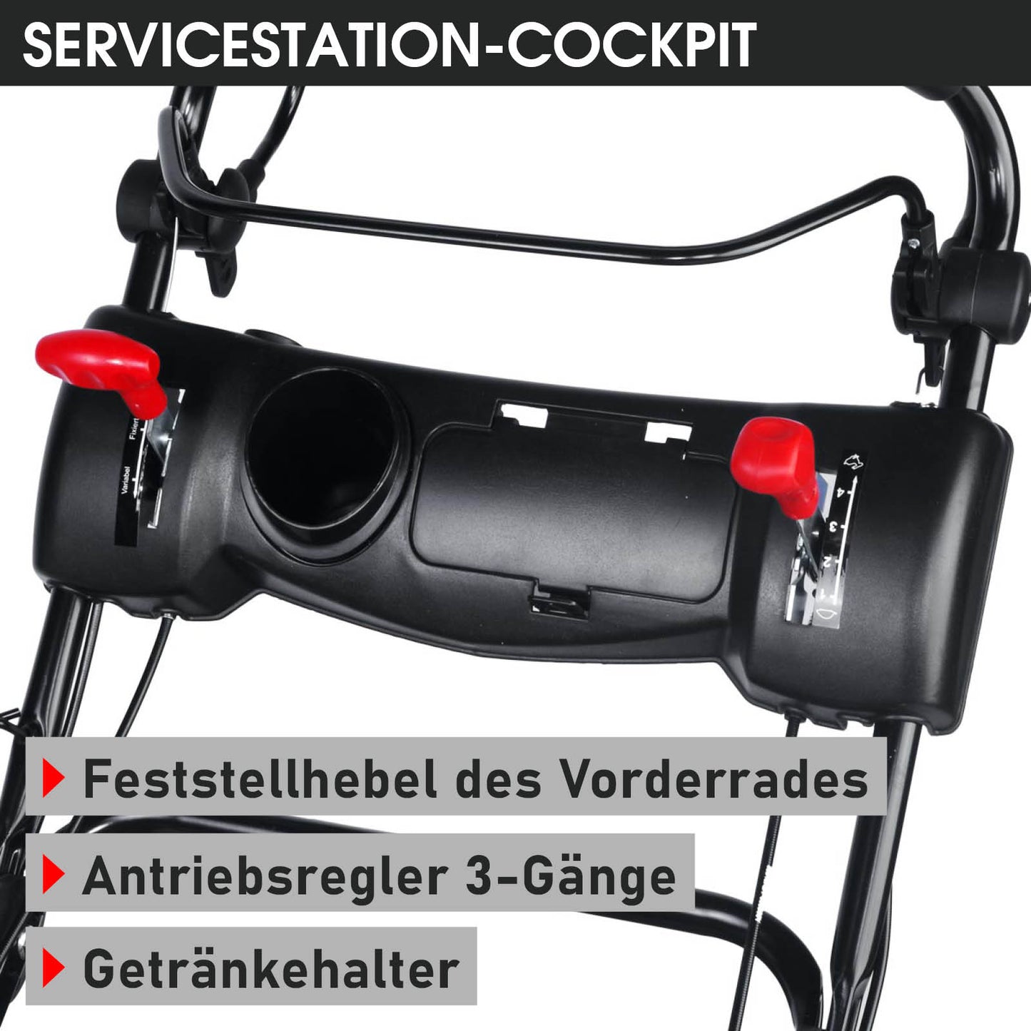 Schwarzes Cockpit-Panel mit roten Hebeln und integriertem Getränkehalter am Benzinrasenmäher.