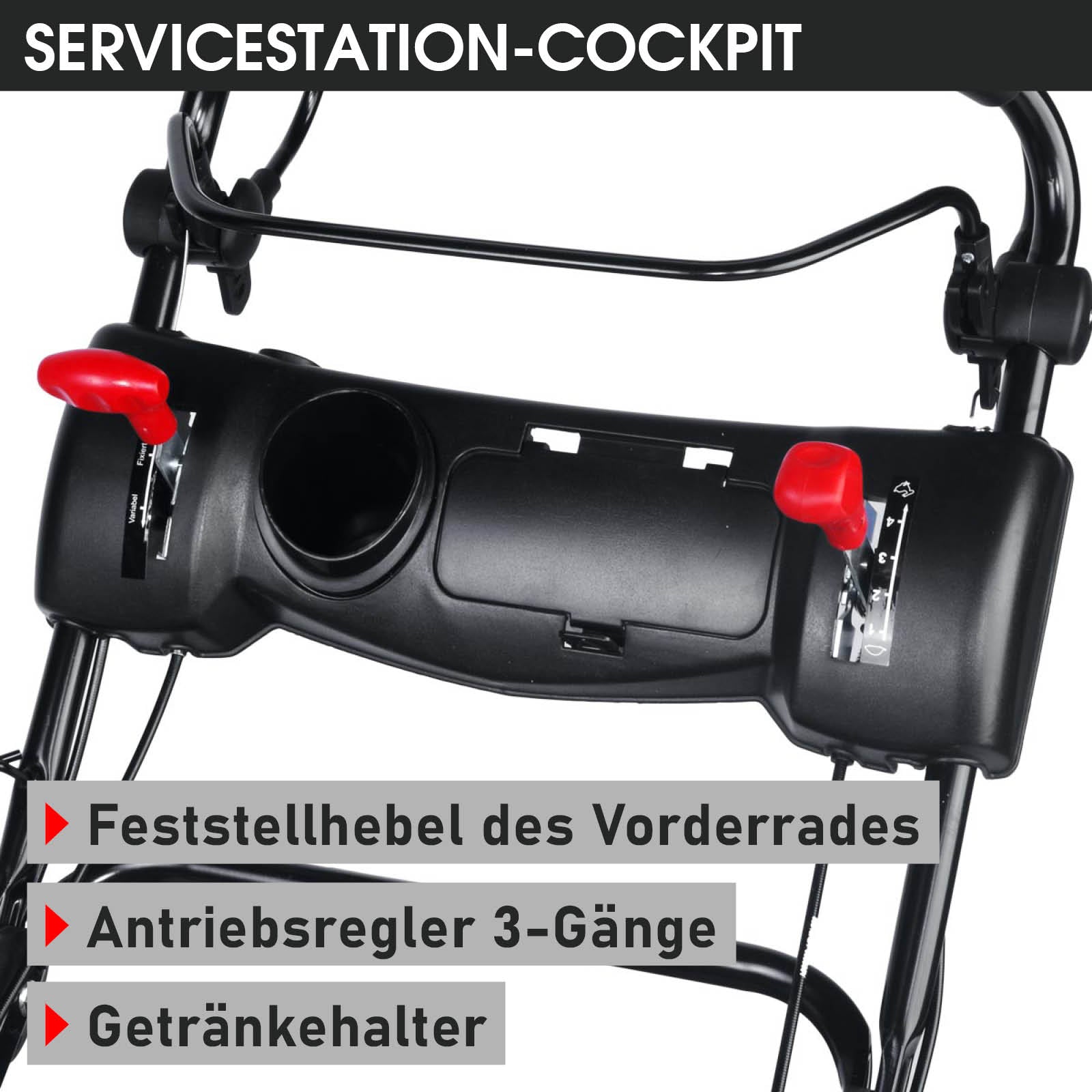 Schwarzes Cockpit-Panel mit roten Hebeln und integriertem Getränkehalter am Benzinrasenmäher.