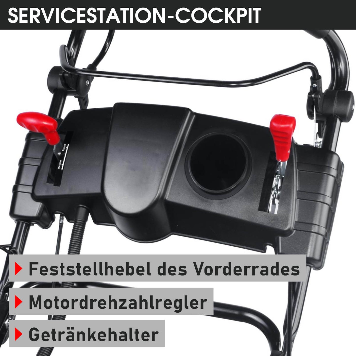 Bedienfeld eines Benzinrasenmähers mit Feststellhebel, Motordrehzahlregler und Getränkehalter in Schwarz und Rot.