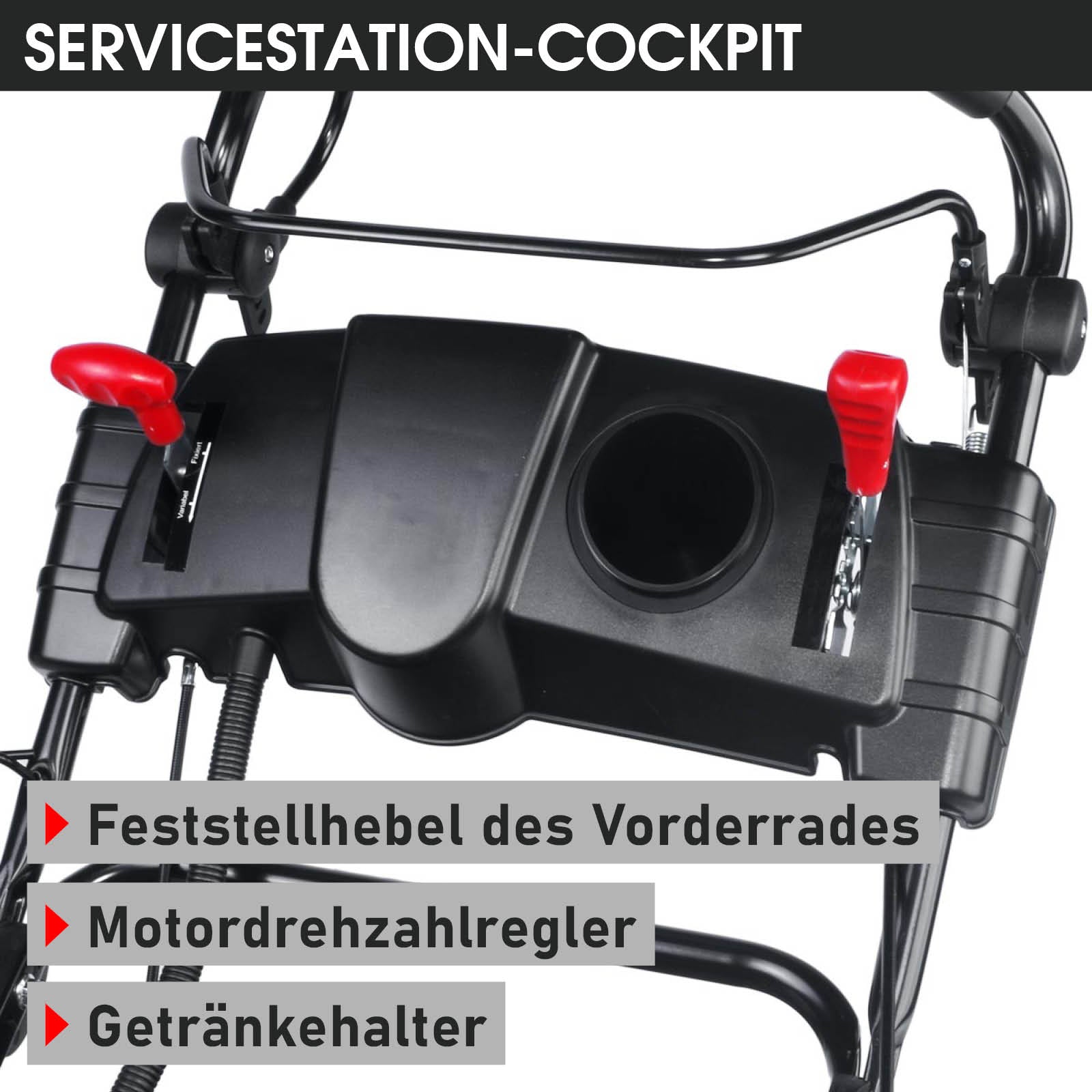 Bedienfeld eines Benzinrasenmähers mit Feststellhebel, Motordrehzahlregler und Getränkehalter in Schwarz und Rot.