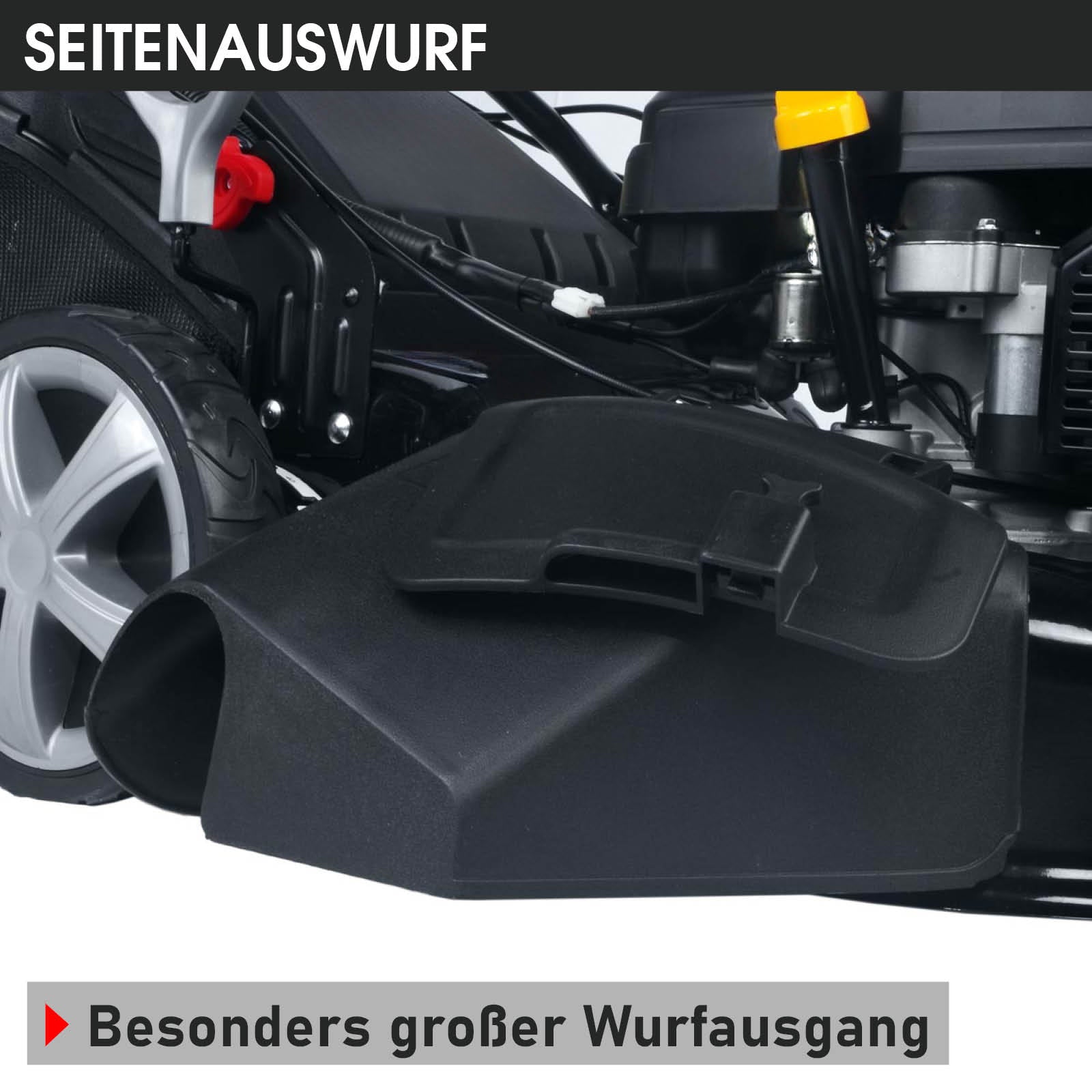 Schwarzer Seitenauswurf mit großem Wurfkanal am Benzin-Rasenmäher Trike 21224 E-START.