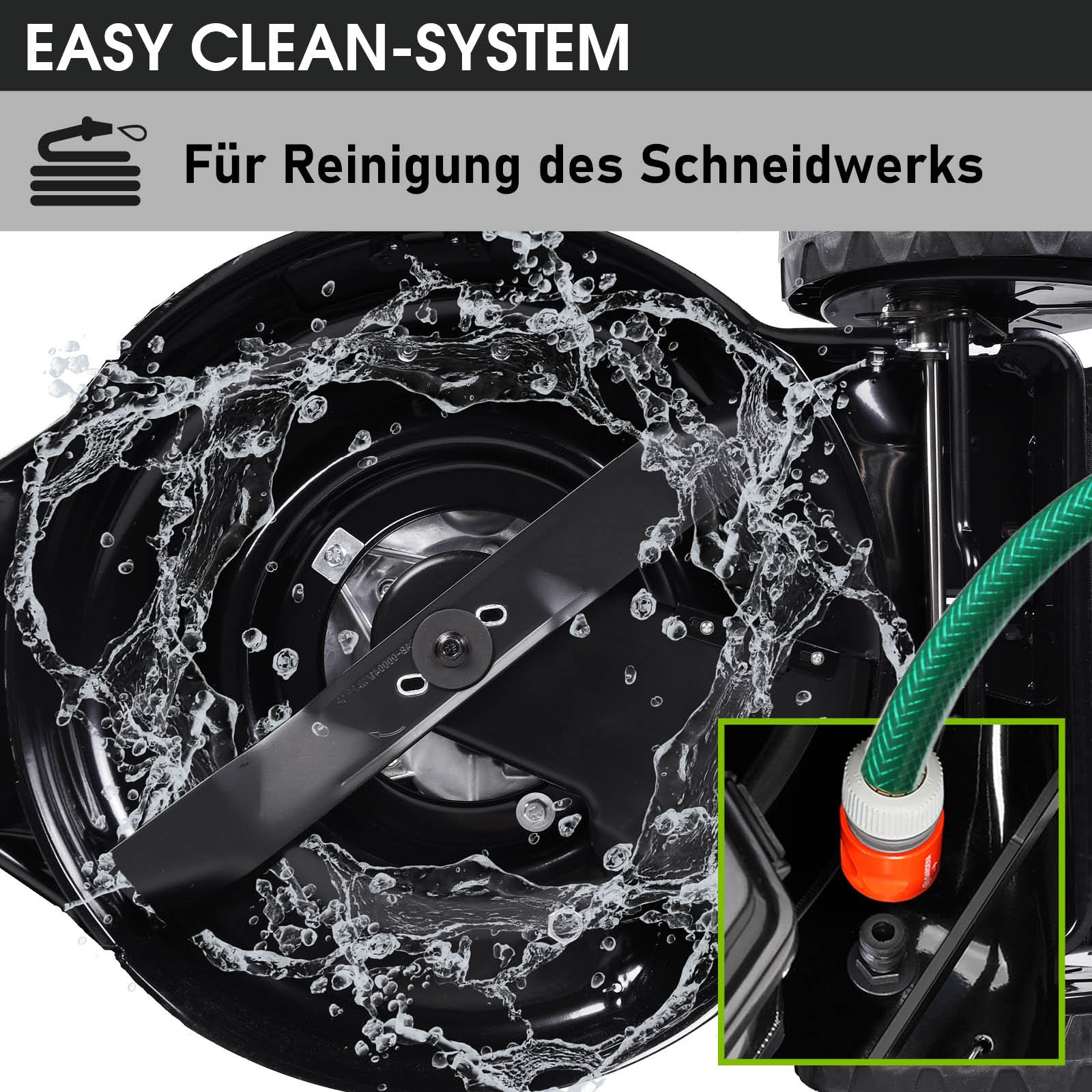 Benzinrasenmäher-Schneidwerk mit Doppelmesser, Wasseranschluss für Easy-Clean-System, schwarzes Gehäuse.
