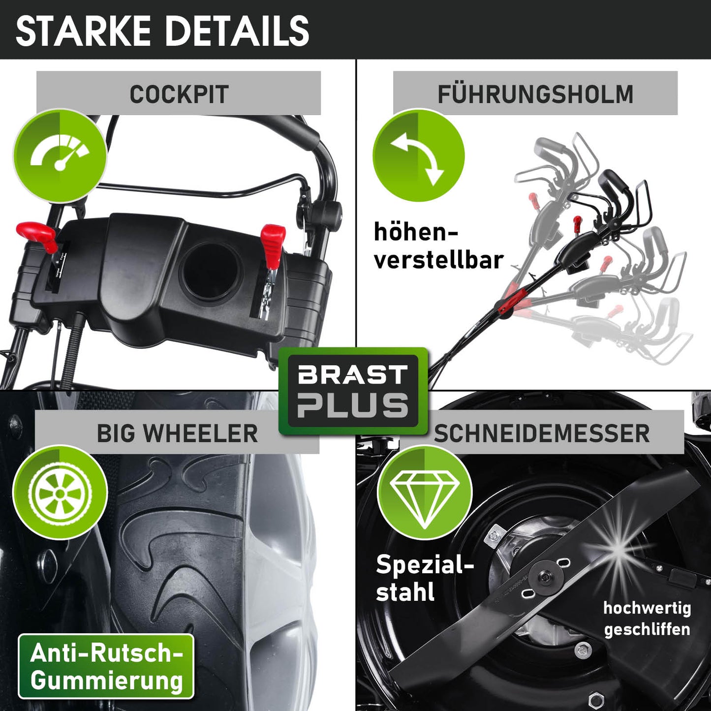 Benzinrasenmäher Cockpit mit Anti-Rutsch-Gummierung, höhenverstellbarer Führungsholm, großer Reifen und scharfes.