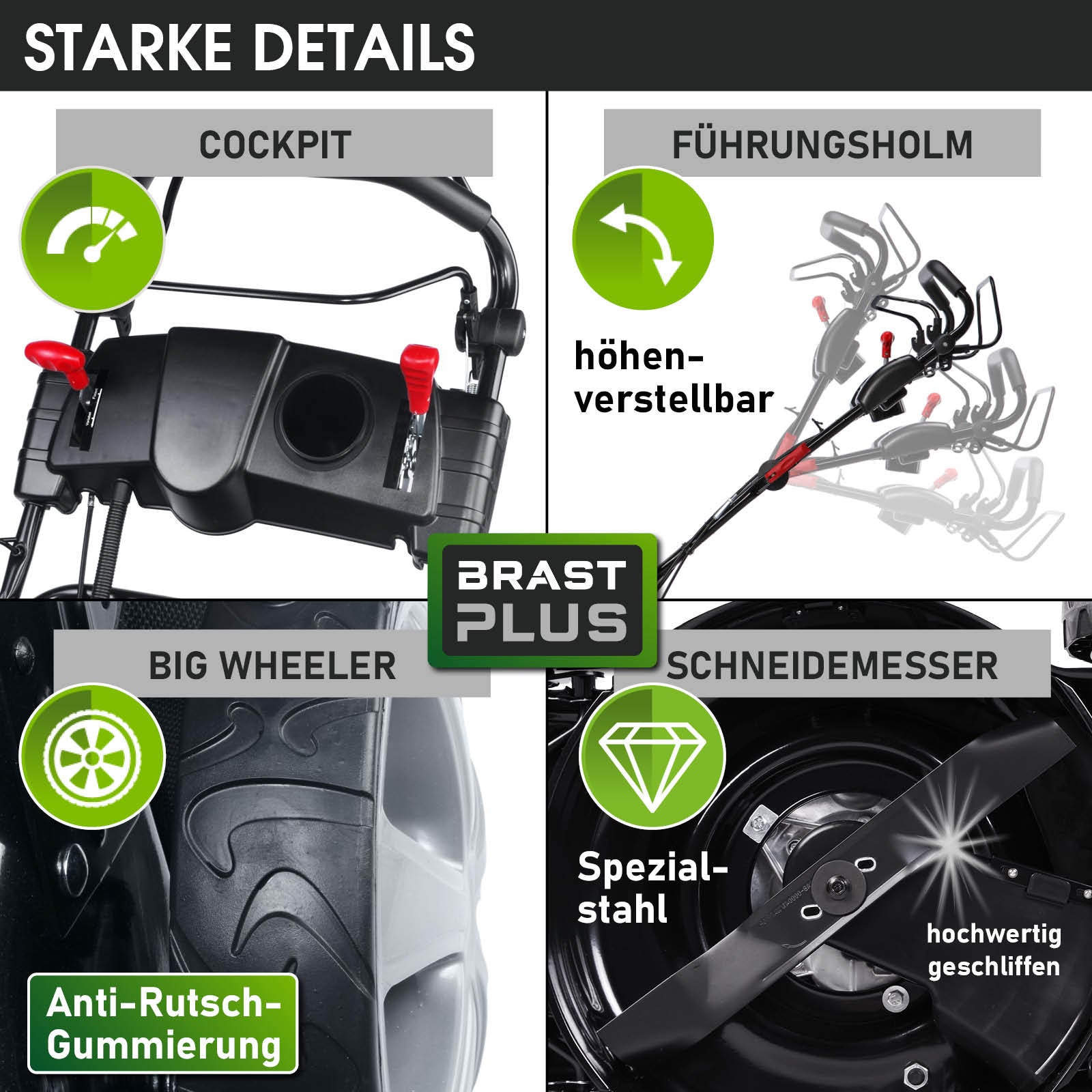 Benzinrasenmäher Cockpit mit Anti-Rutsch-Gummierung, höhenverstellbarer Führungsholm, großer Reifen und scharfes.