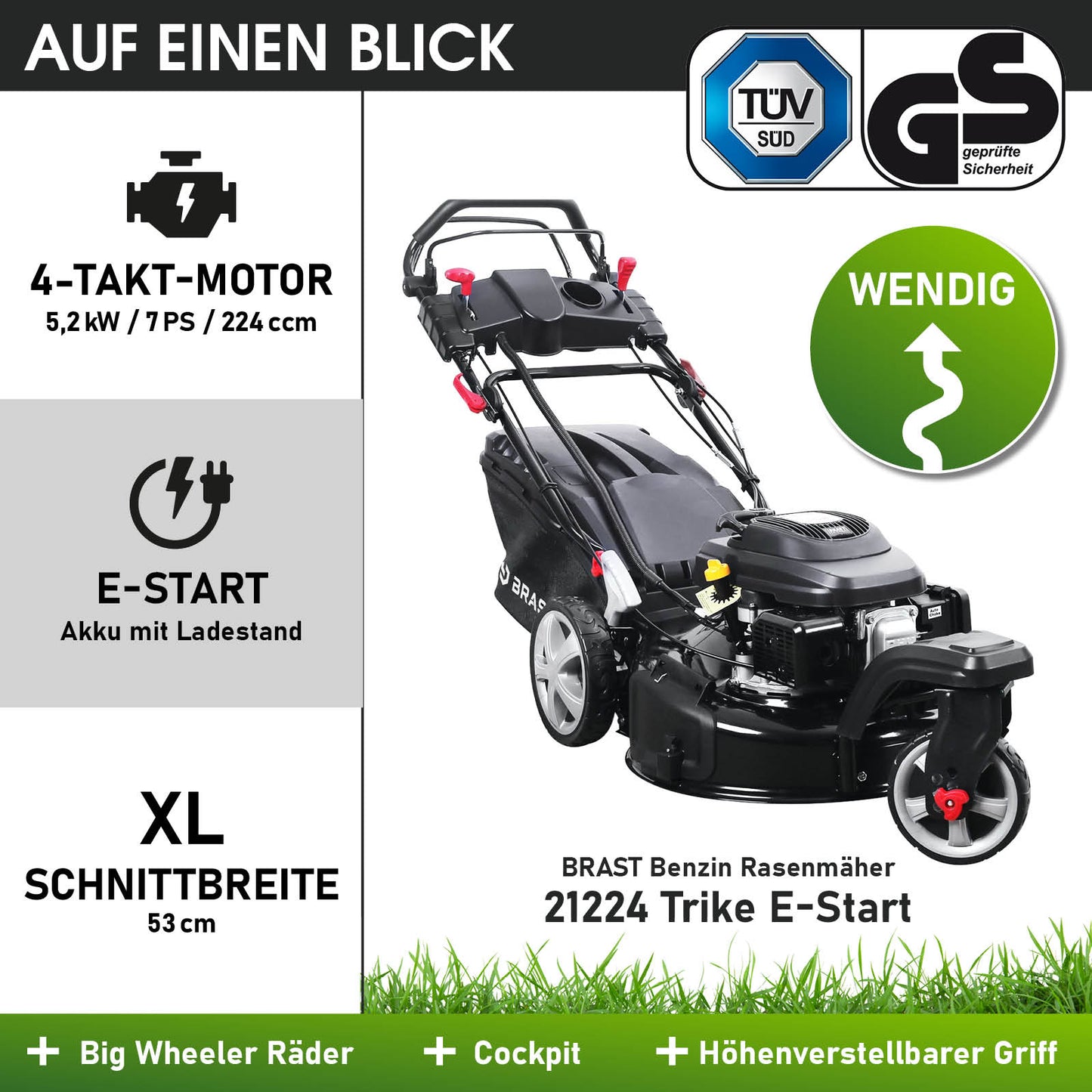 Schwarzer Benzin-Rasenmäher Trike mit E-Start, 4-Takt-Motor, XL Schnittbreite und großen Rädern.