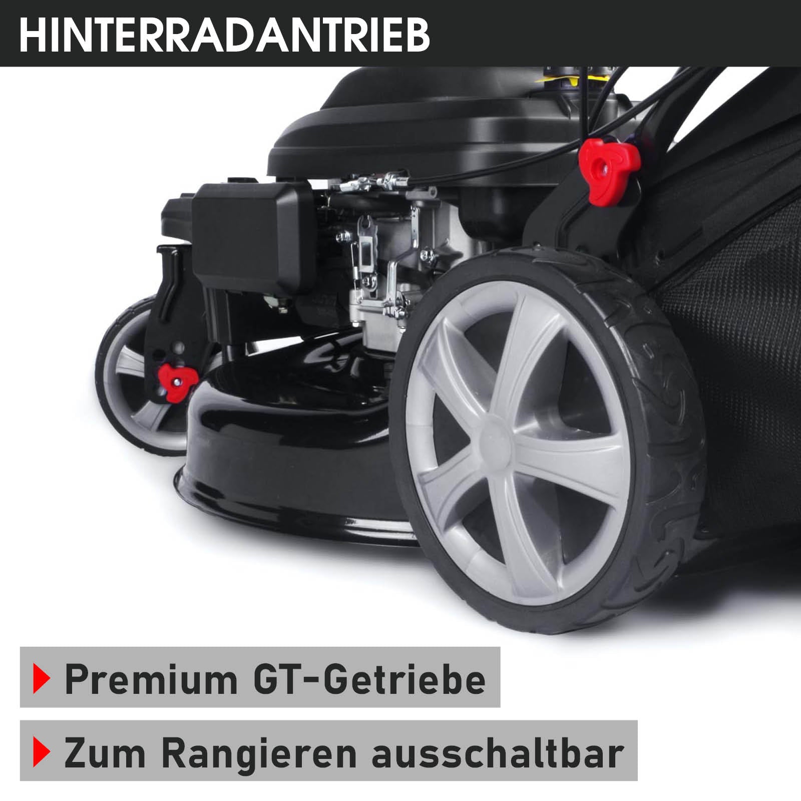 Schwarzer Benzin-Rasenmäher mit großem Hinterradantrieb, rotem Griff und metallischem Mulchgehäuse.