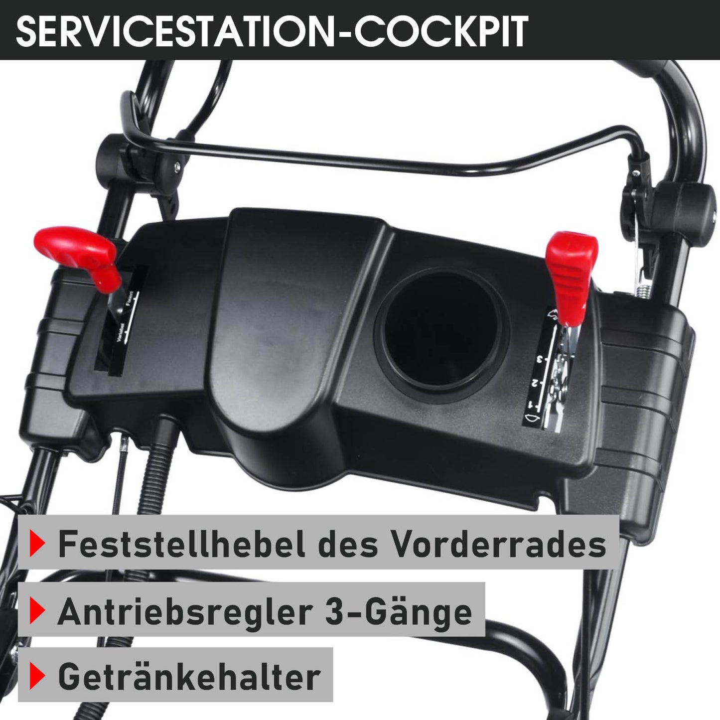 Schwarze Bedienkonsole für Rasenmäher mit roten Hebeln und Getränkehalter, Steuergriffe sichtbar.