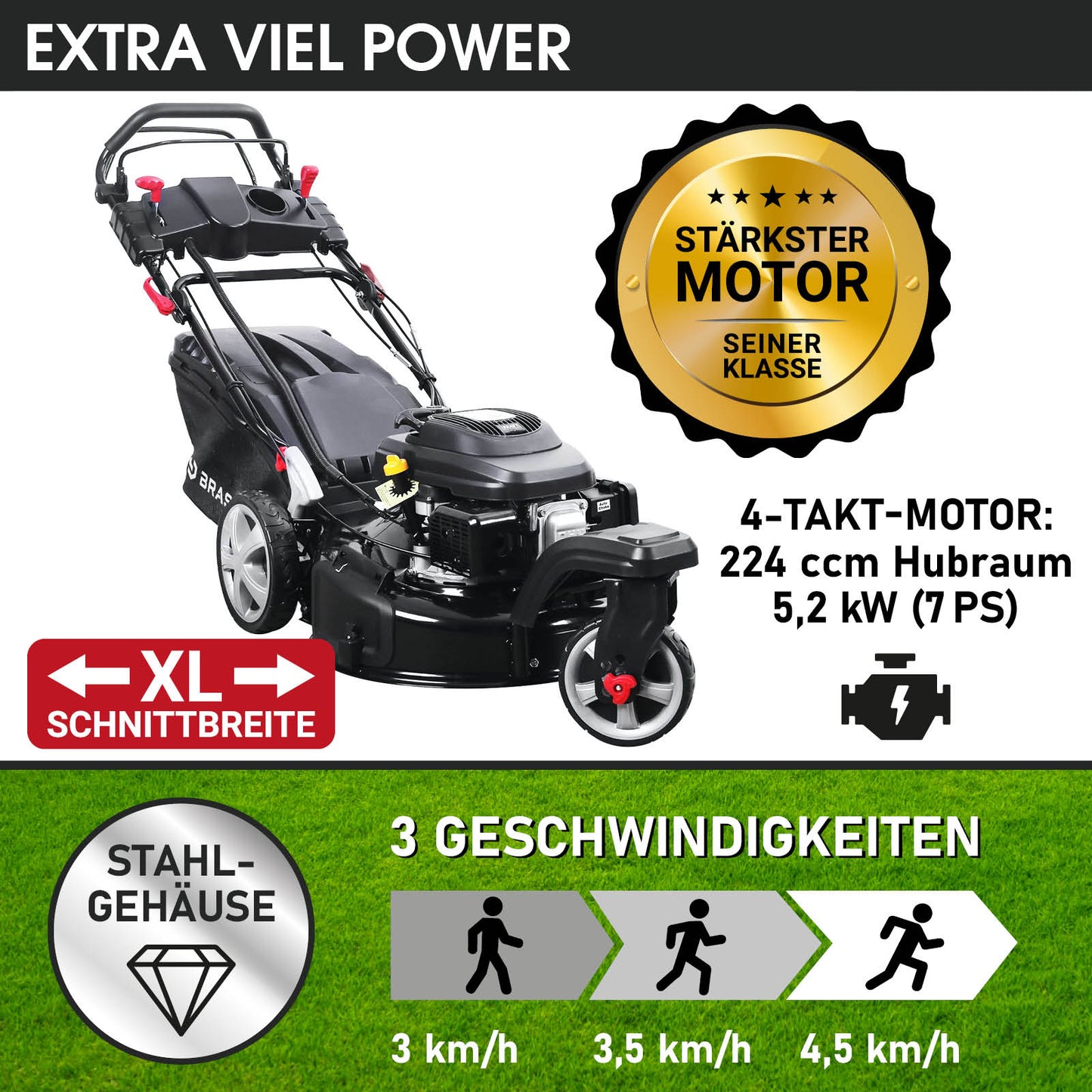 Schwarzer Benzin-Rasenmäher mit 7-PS-Motor, 4-Takt, 3 Fahrgeschwindigkeiten, XL-Schnittbreite, Stahlgehäuse.