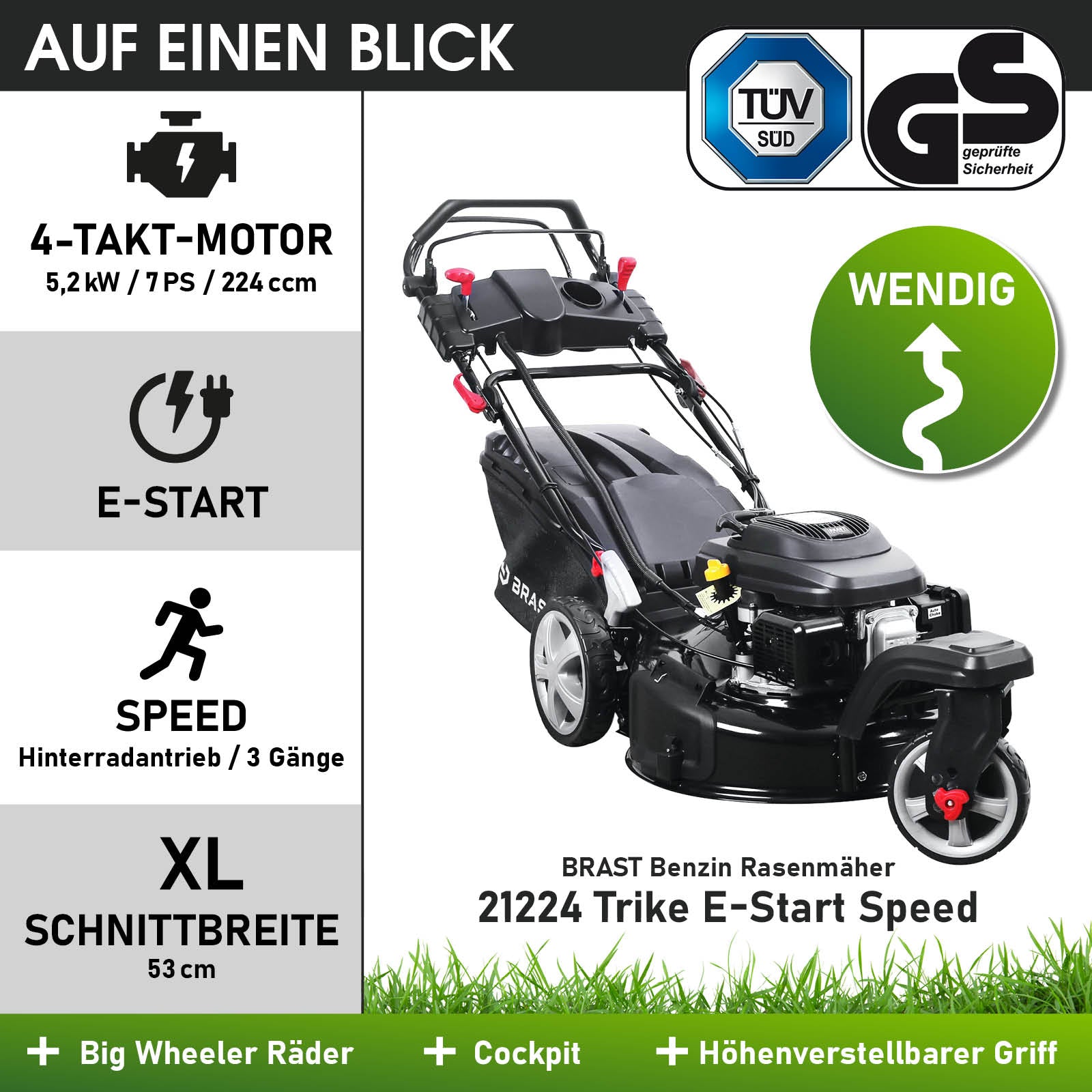 Schwarzer Benzin-Rasenmäher mit 4-Takt-Motor, E-Start, 53 cm Schnittbreite und höhenverstellbarem Griff.