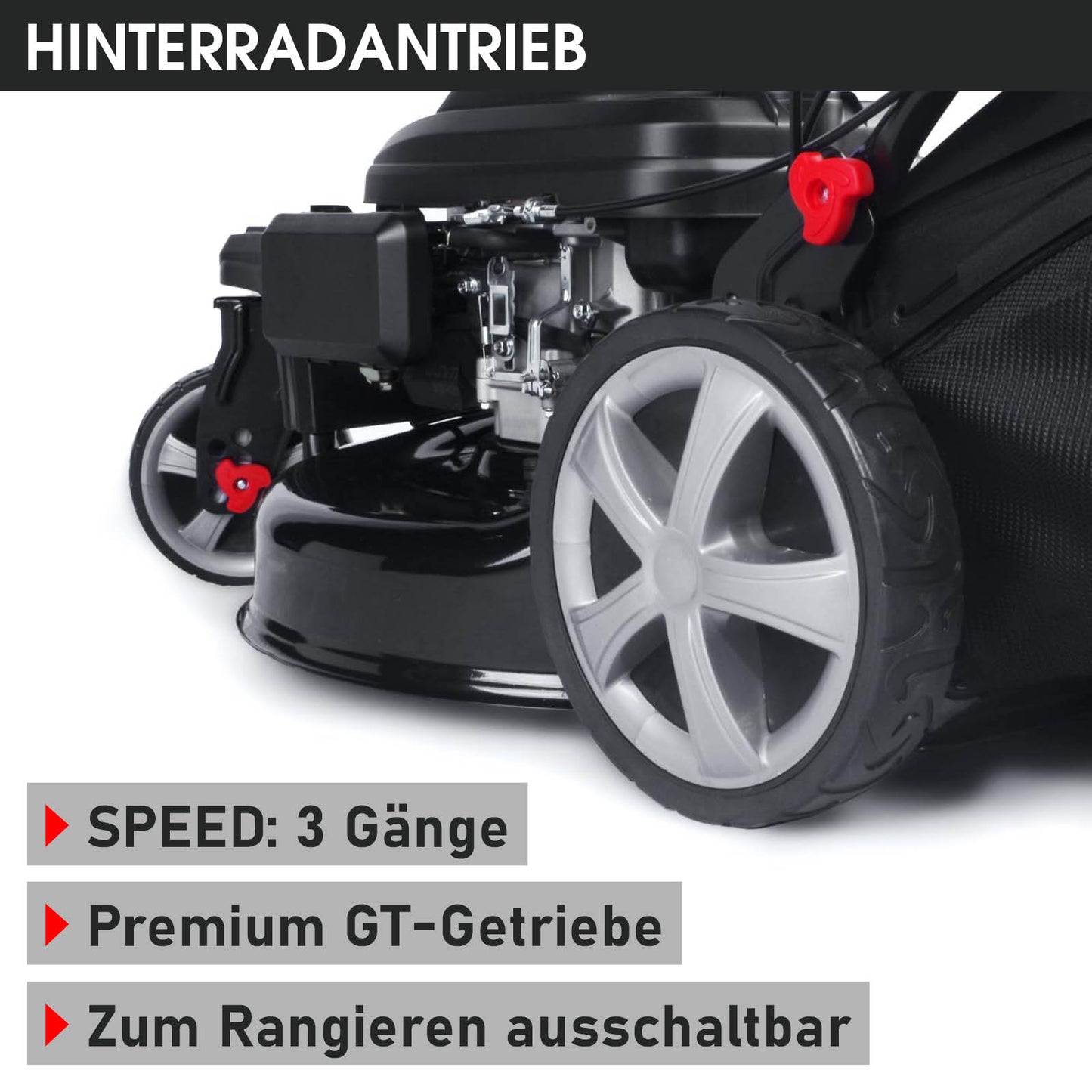 Schwarzer Benzin-Rasenmäher mit großen Hinterrädern und rotem Hebel, Frontantrieb, 3-Gang-Getriebe.