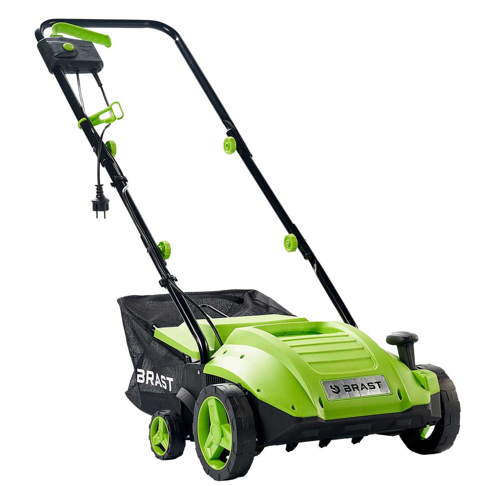 Grüner BRAST 2in1 Elektro Rasenvertikutierer mit Radantrieb und Fangkorb, Garten Vertikutierer.