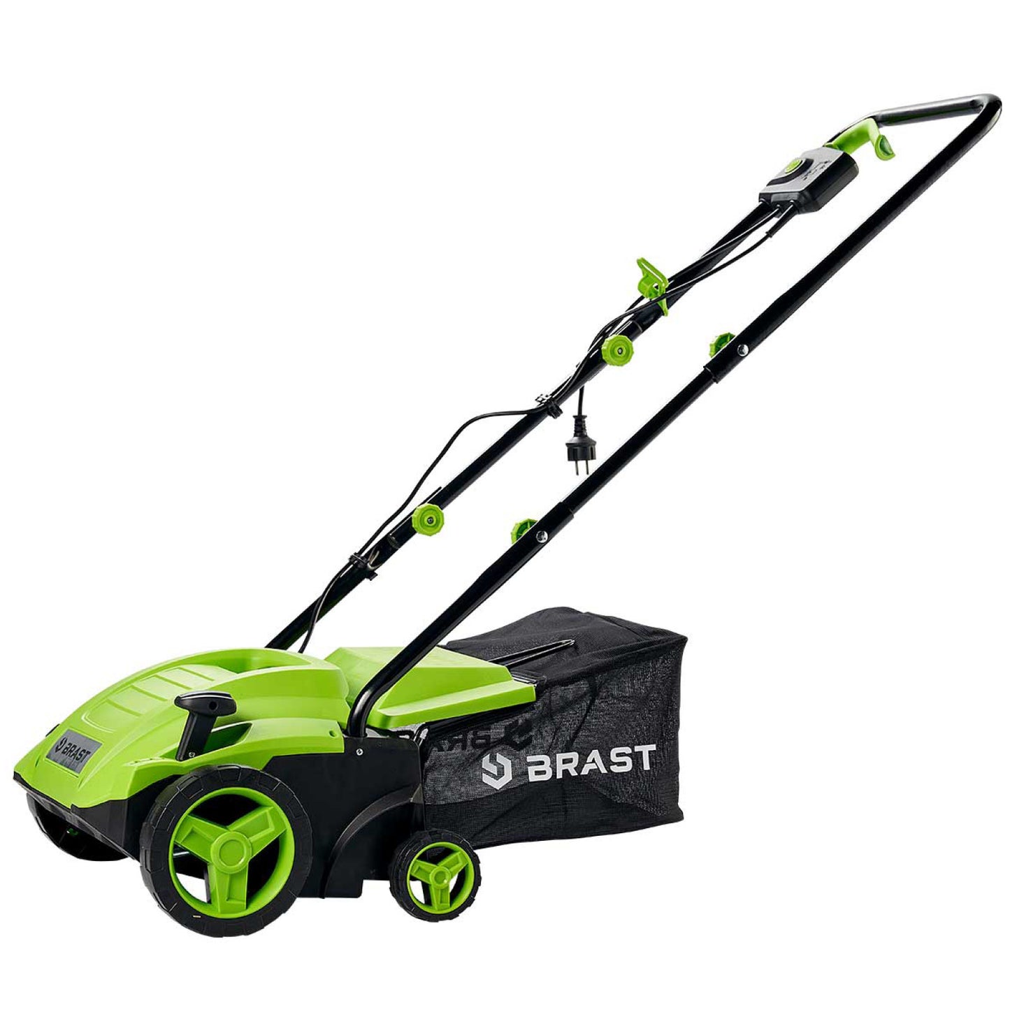 Grüner BRAST 2in1 Elektro Rasenvertikutierer mit Radantrieb und Fangkorb für Gartenpflege.