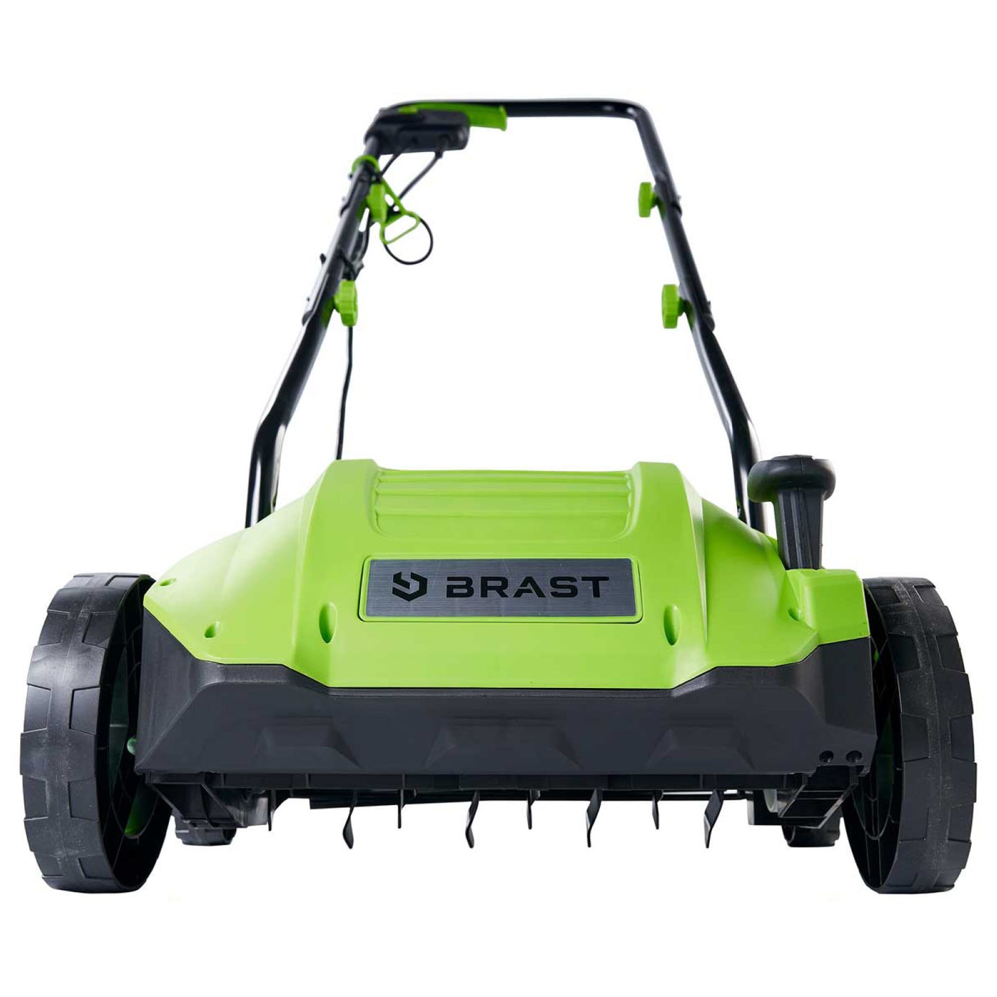 Grüner Elektro-Rasenvertikutierer BRAST mit Radantrieb, kompakt und kraftvoll, Garten Vertikutierer und Rasenlüfter.