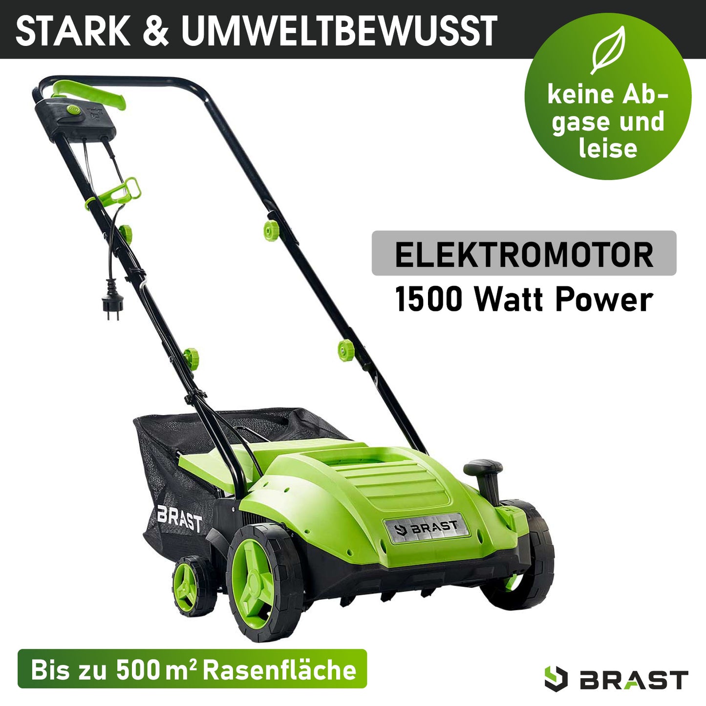 Grüner elektro rasenvertikutierer und rasenlüfter mit radantrieb und 1500 watt motor, garten vertikutierer.
