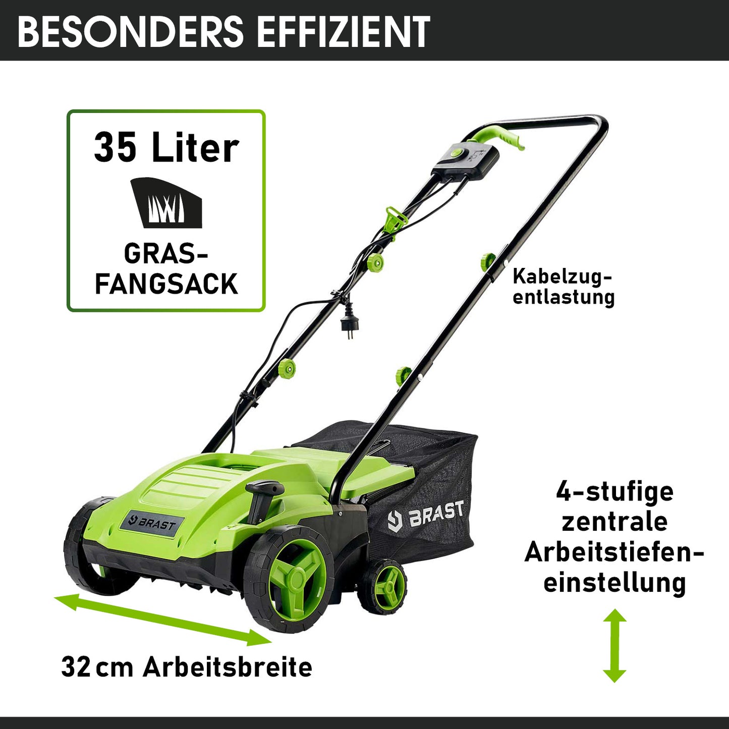 Grüner Elektro Rasenvertikutierer mit 35 Liter Grasfangsack, 32 cm Arbeitsbreite und 4-stufiger Arbeitstiefeneinstellung,.