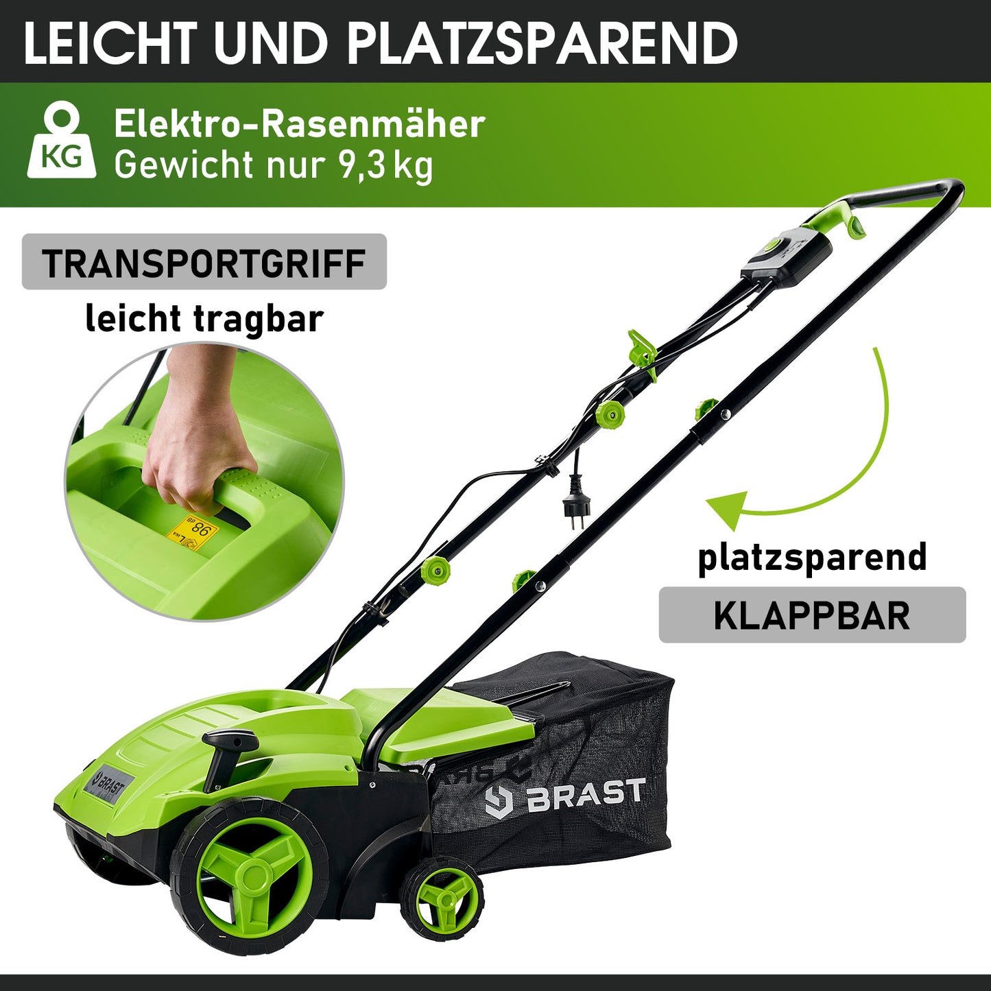 Grüner Elektro-Rasenvertikutierer mit Klappgriff, Radantrieb und Fangkorb, kompakter Garten Vertikutierer.