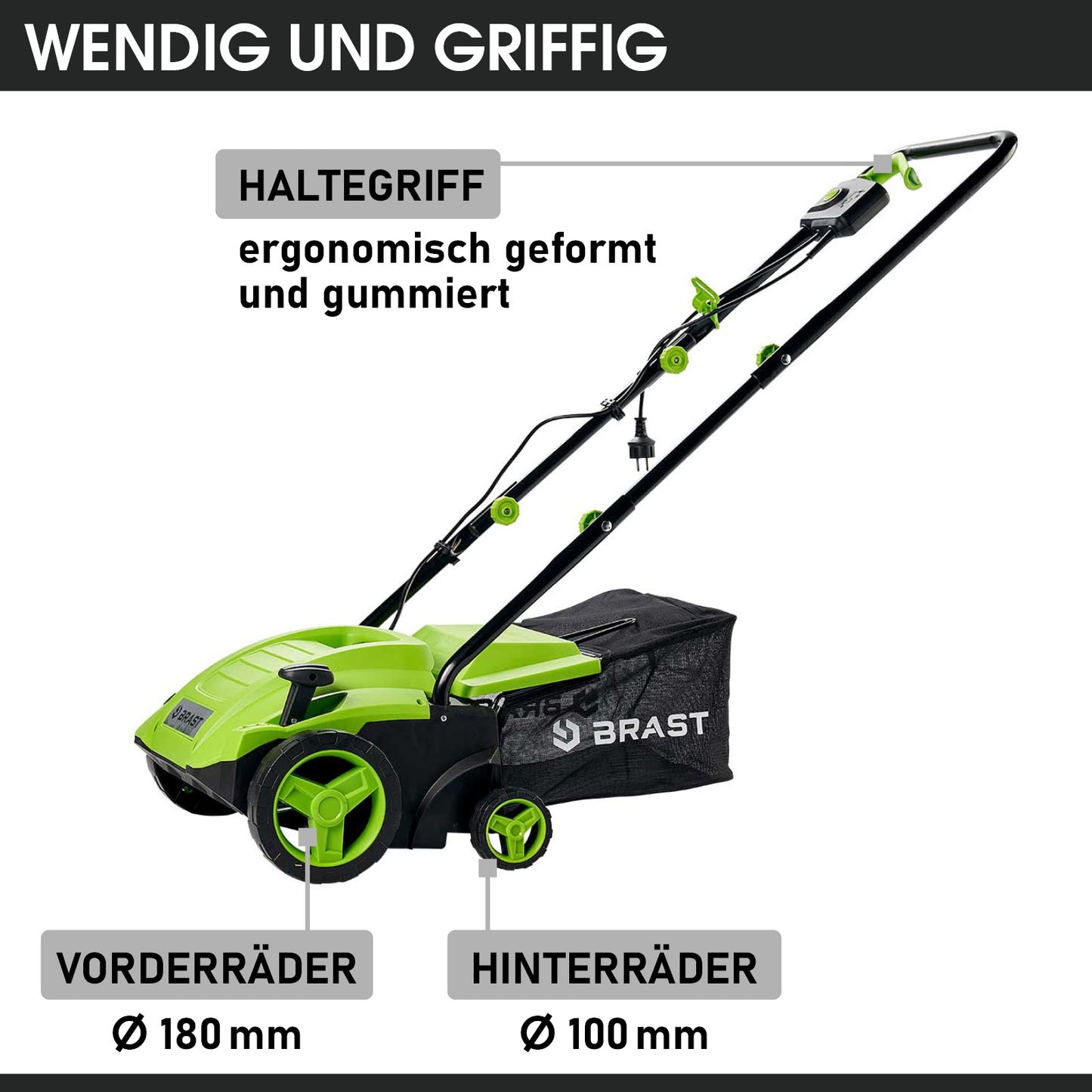 Grüner BRAST Elektro Rasenvertikutierer mit ergonomischem Griff, Radantrieb und Fangsack.