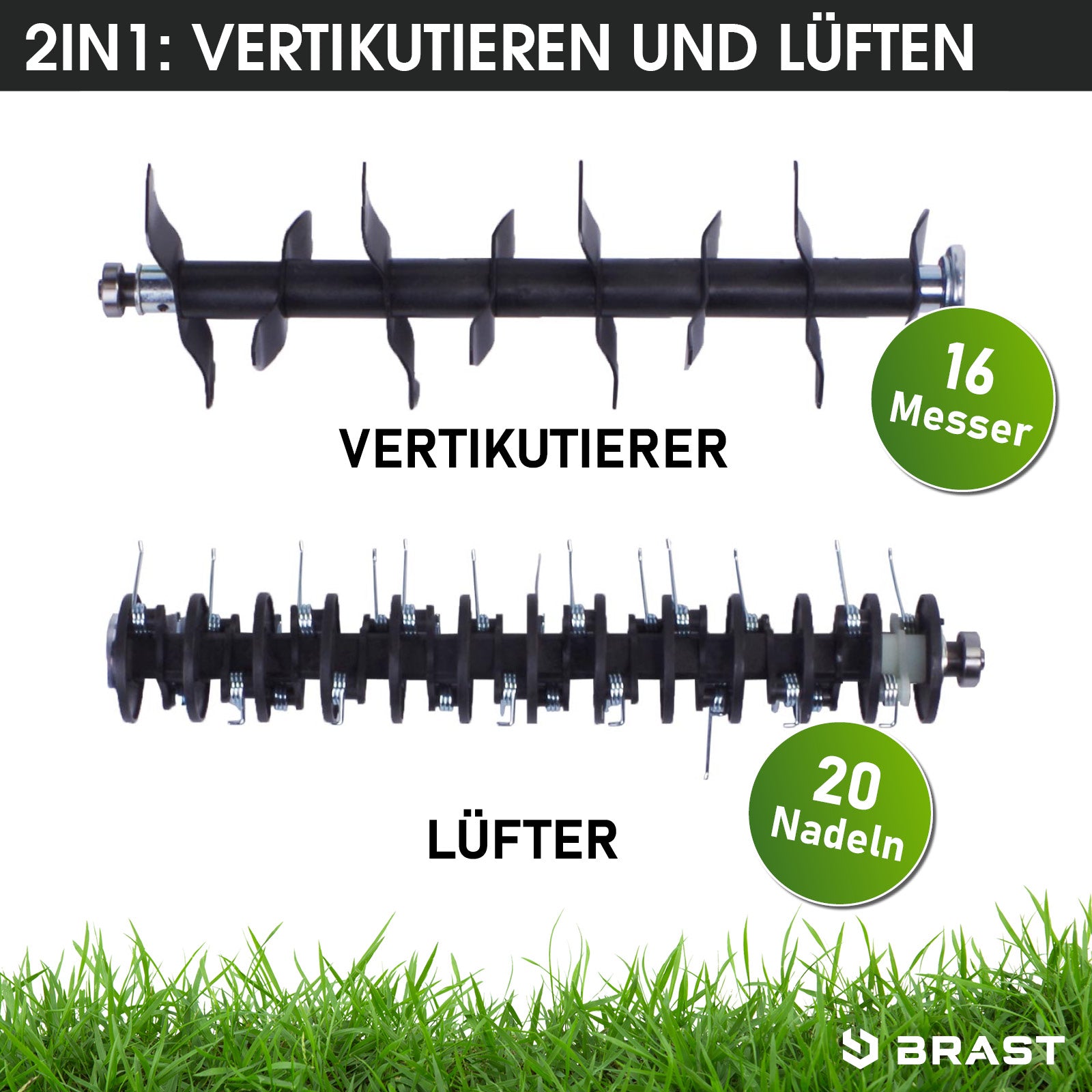 Vertikutierer mit 16 Messern und Rasenlüfter mit 20 Nadeln für Garten Vertikutierer und Rasenvertikutierer mit Radantrieb.