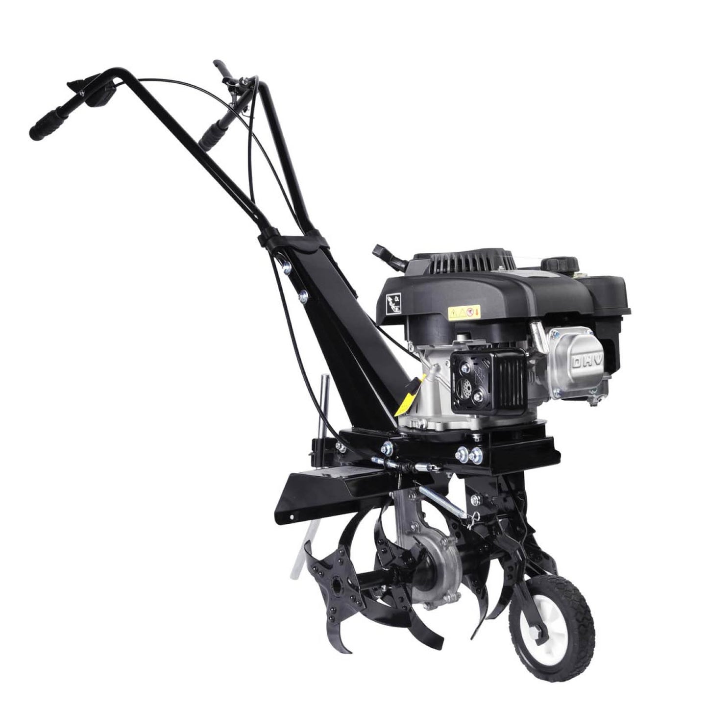 Schwarze Motorhacke Benzin mit Griff, Motor und Bodenfräse Gartenfräse Pflugfunktion.