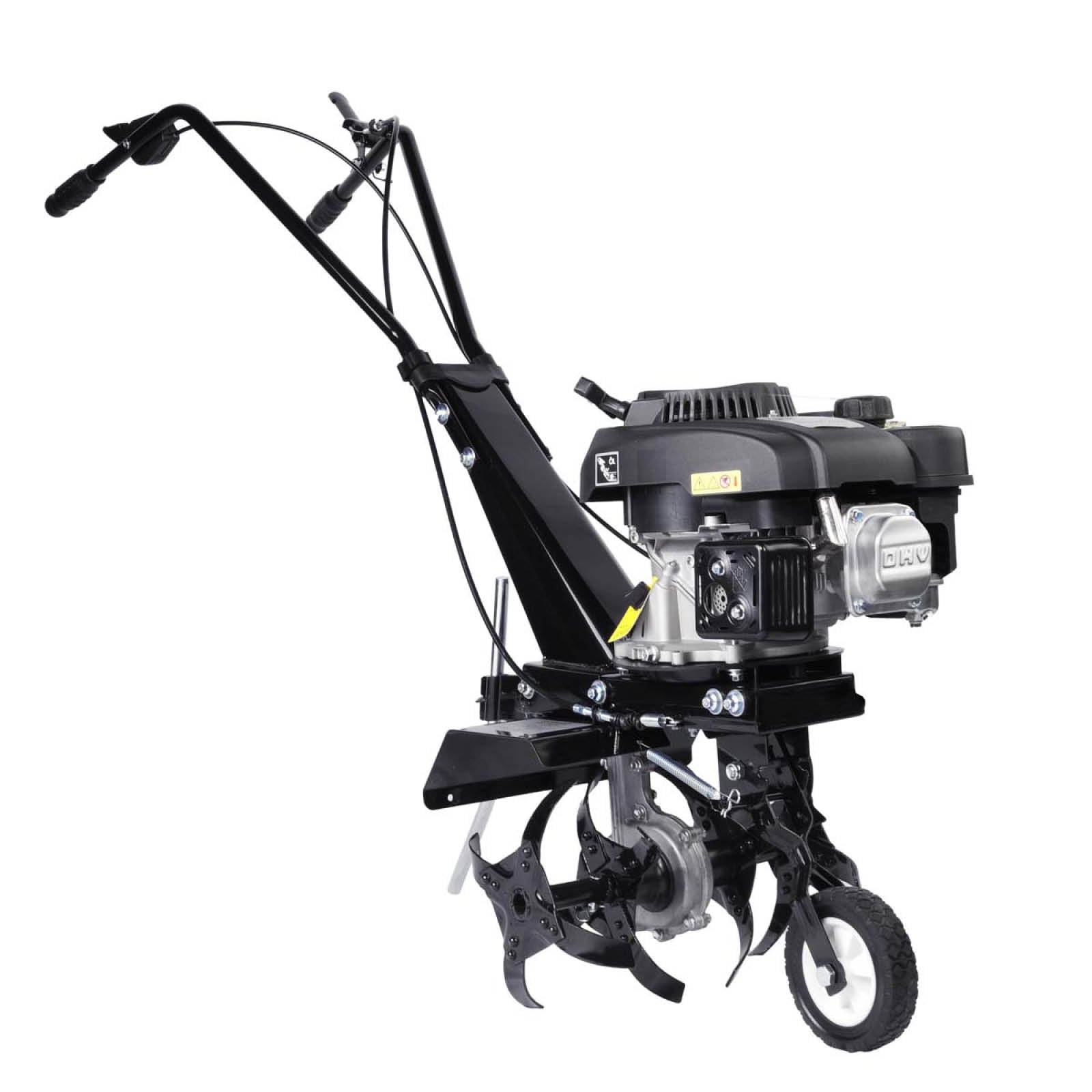 Schwarze Motorhacke Benzin mit Griff, Motor und Bodenfräse Gartenfräse Pflugfunktion.