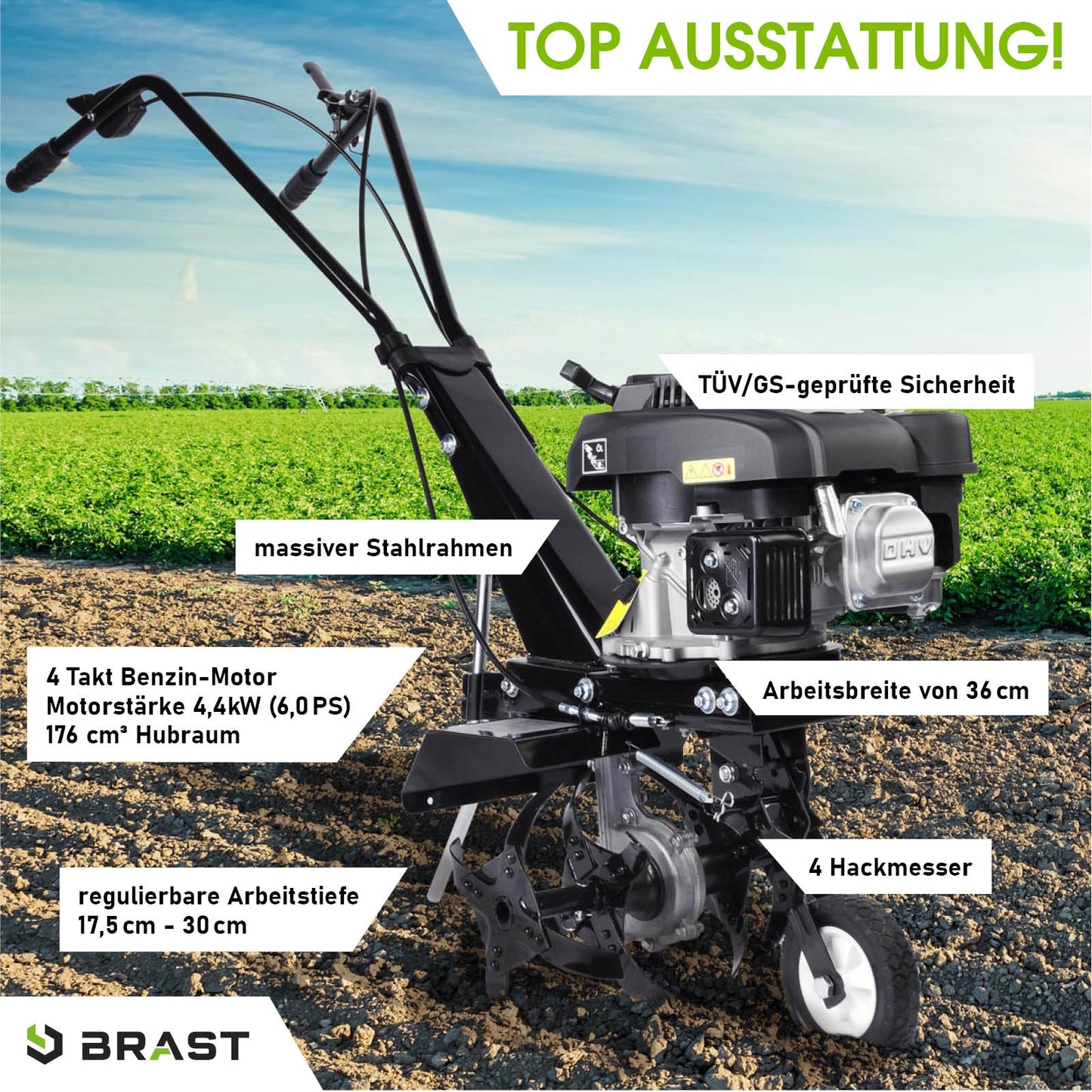 Motorhacke Benzin mit 4,4 kW Motor, verstellbarer Arbeitstiefe, Gartenfräse Pflug mit 34 cm Arbeitsbreite und Stahlrahmen.