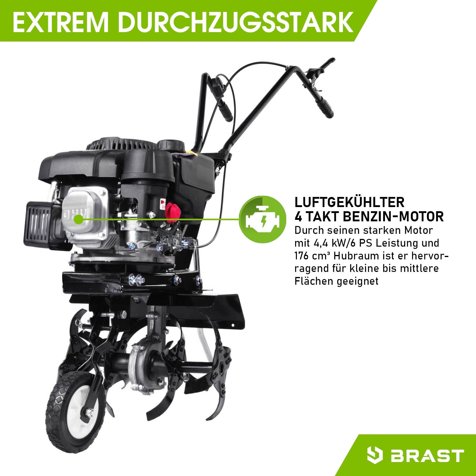 Benzin Motorhacke Gartenfräse mit luftgekühltem 4-Takt Motor und robustem Pflugaufsatz.