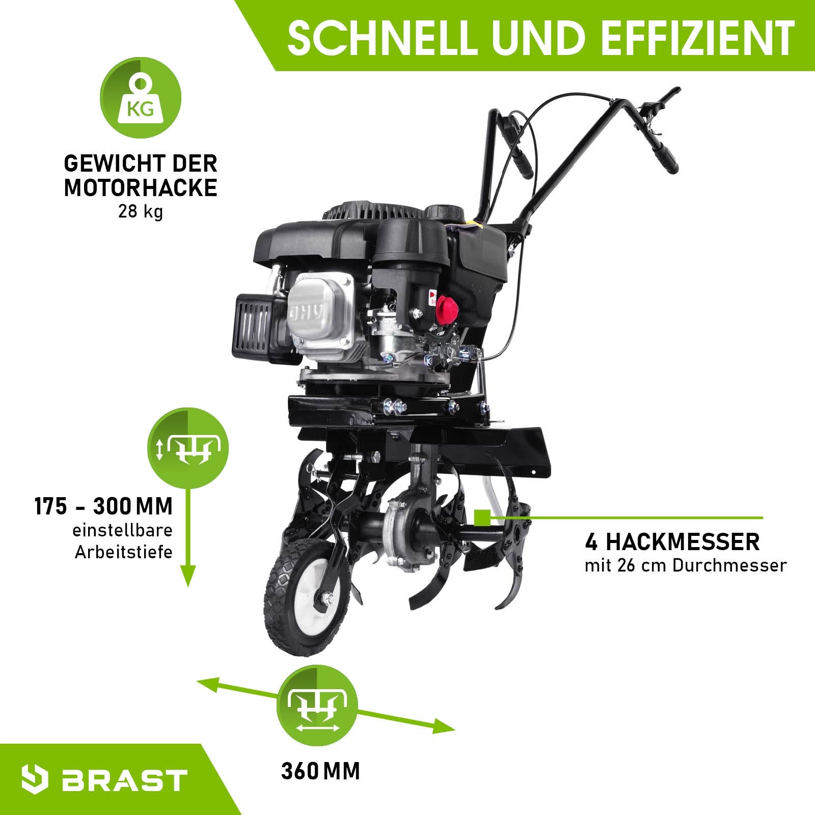 Schwarze Benzin Motorhacke mit 4 Hackmessern und verstellbarer Arbeitstiefe als bodenfräse gartenfräse und gartenfräse.