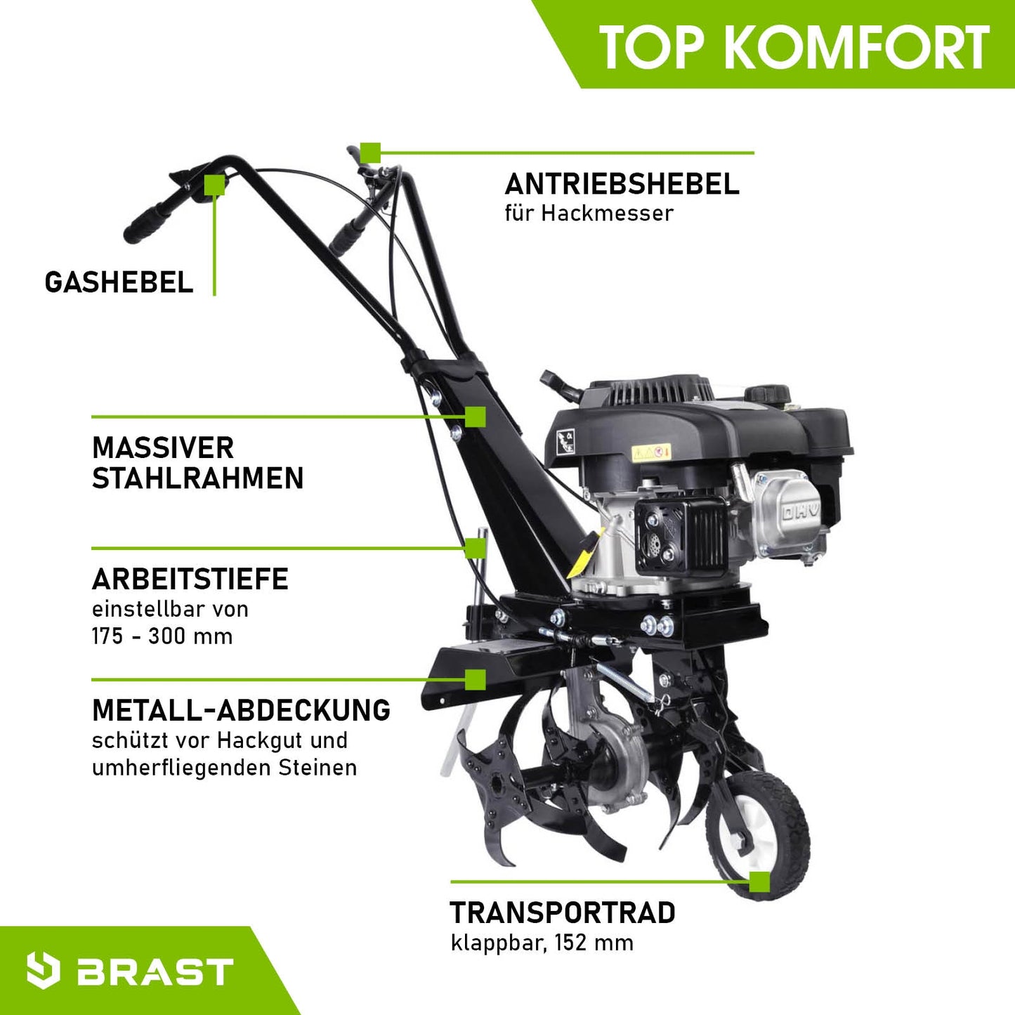 BRAST Motorhacke mit kraftvollem Benzinmotor, massiver Stahlrahmen, verstellbare Arbeitstiefe, Bodenfräse Gartenfräse mit.