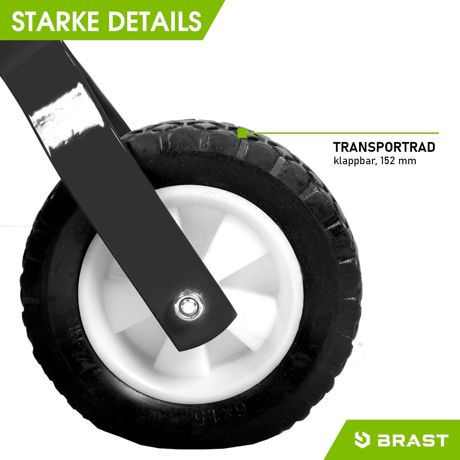 Schwarzes Transportrad 152 mm mit weißer Felge für Motorhacke Bodfräse Gartenfräse Pflug.