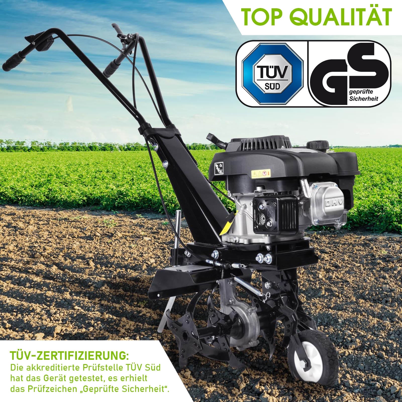 Schwarze Benzin Motorhacke mit robustem Motor und Klappgriff als Gartenfräse Bodenfräse Gartenfräse Pflug.