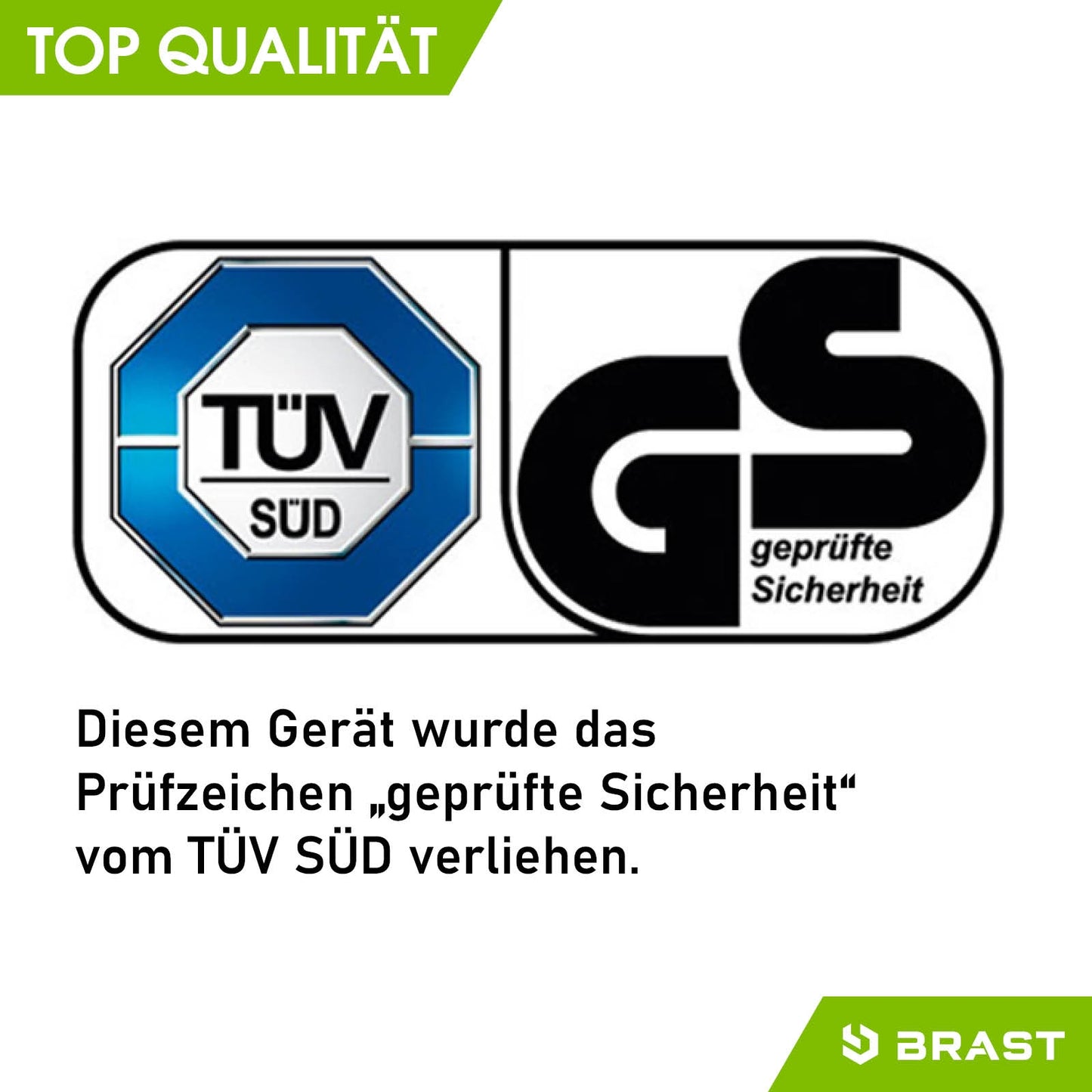 TÜV-Siegel mit GS-Logo für geprüfte Sicherheit von BRAST Motorhacke Gartenfräse Bodenfräse Gartenfräse Pflug.