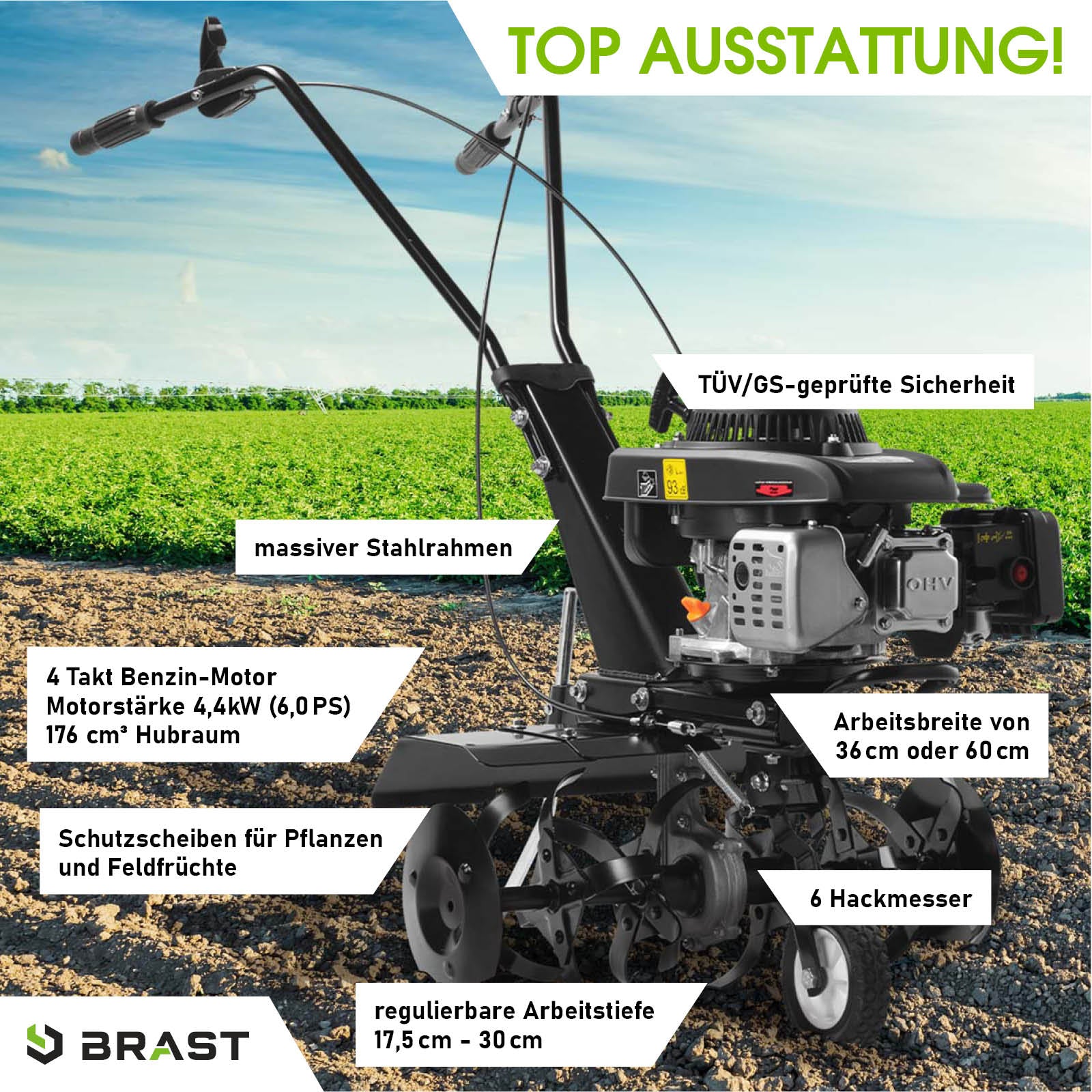 Schwarze Motorhacke mit 4,4 kW Benzinmotor, Stahlrahmen, Bodenfräse Gartenfräse mit Hackmesser und verstellbarem Pflug.