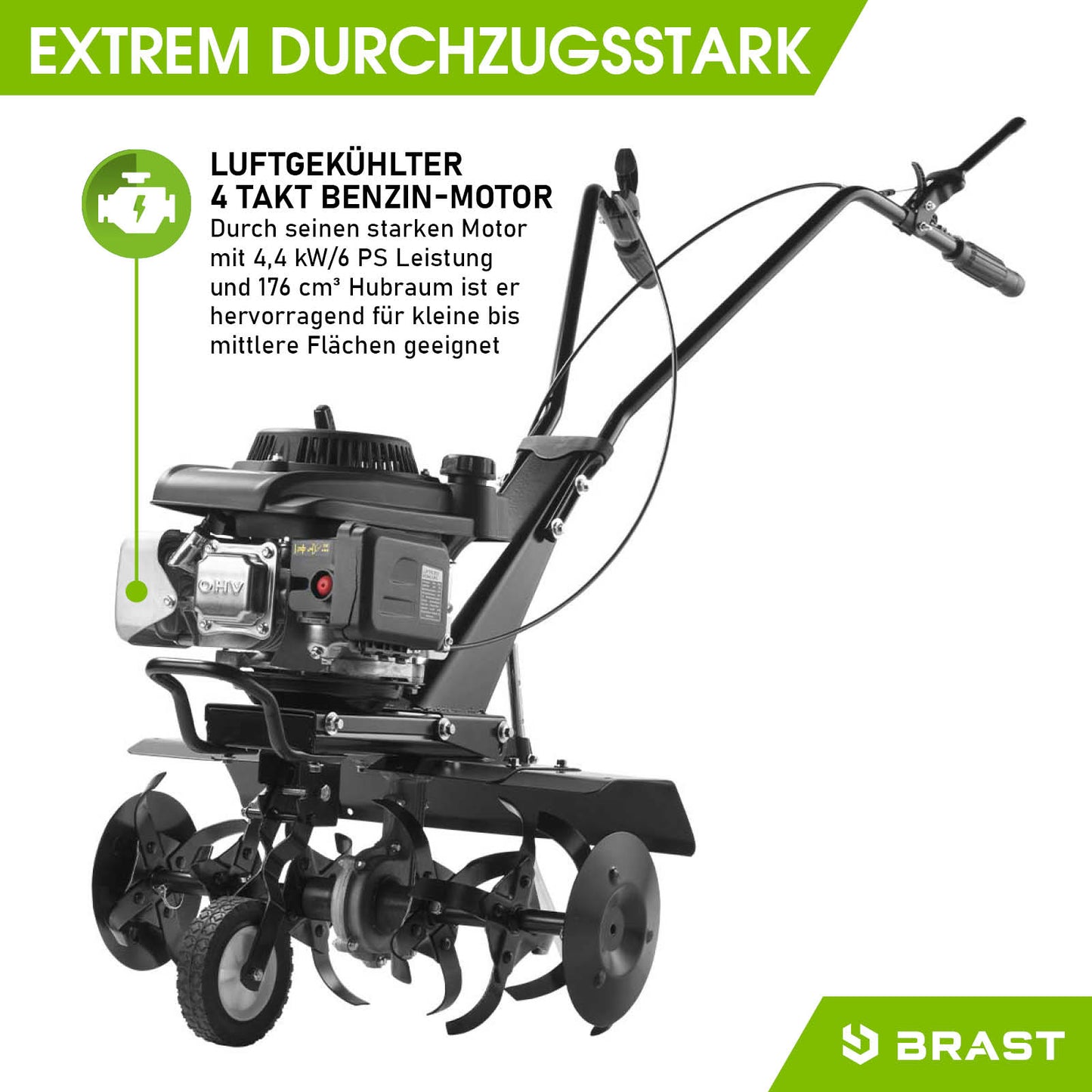 Schwarze Benzin Motorhacke mit luftgekühltem 4-Takt-Motor, Gartenfräse mit robusten Fräszinken und stufenlosem Griff für.