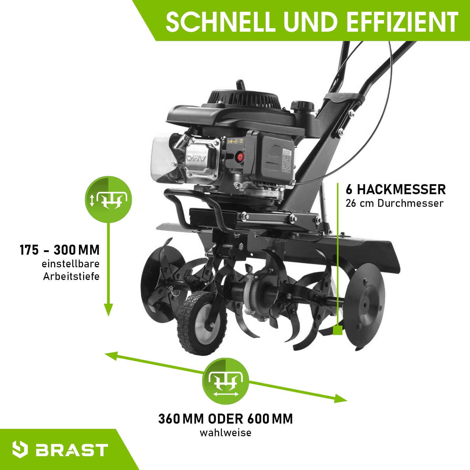 Schwarze Benzin Motorhacke Gartenfräse mit 6 Hackmessern und verstellbarer Arbeitstiefe.