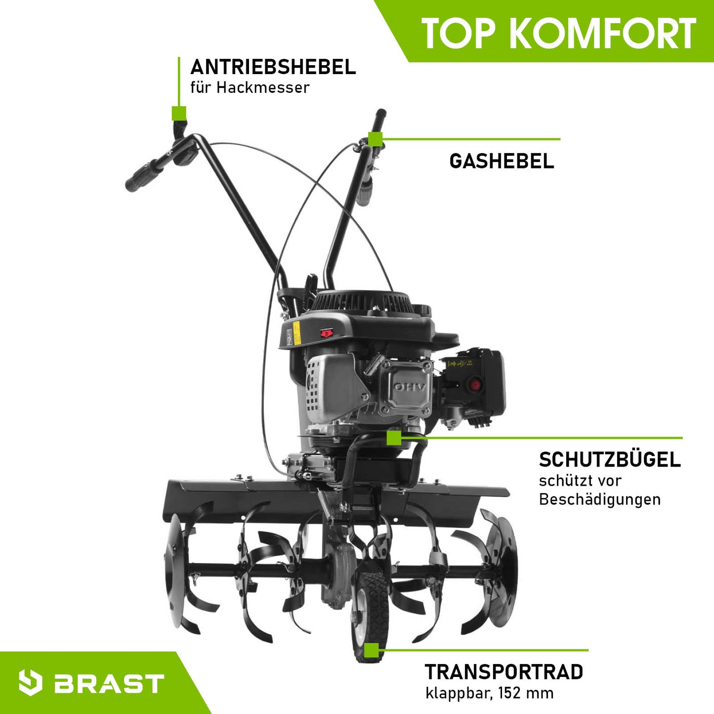 Schwarze Motorhacke Benzin mit Schutzbügel und Transportrad als bodenfräse gartenfräse und gartenfräse pflug.