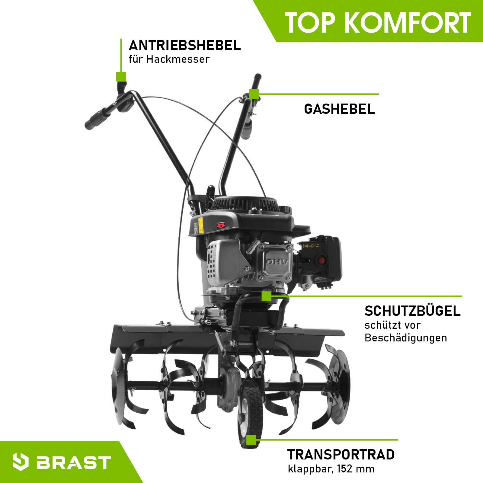 Schwarze Motorhacke Benzin mit Schutzbügel und Transportrad als bodenfräse gartenfräse und gartenfräse pflug.