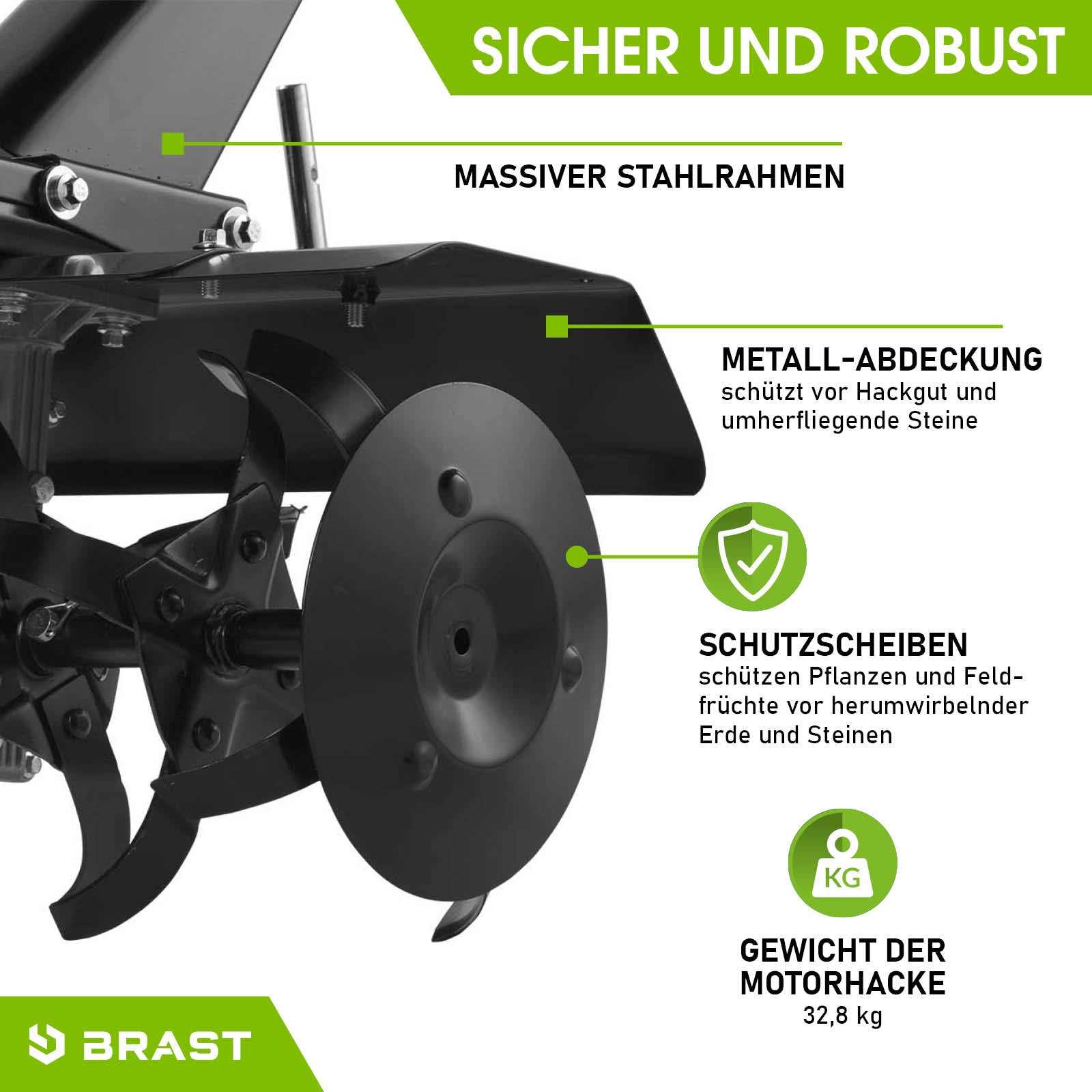 Schwarze Benzin Motorhacke mit Metall-Abdeckung und Schutzscheiben, robuster Stahlrahmen, gartenfräse pflug Bodenfräse.