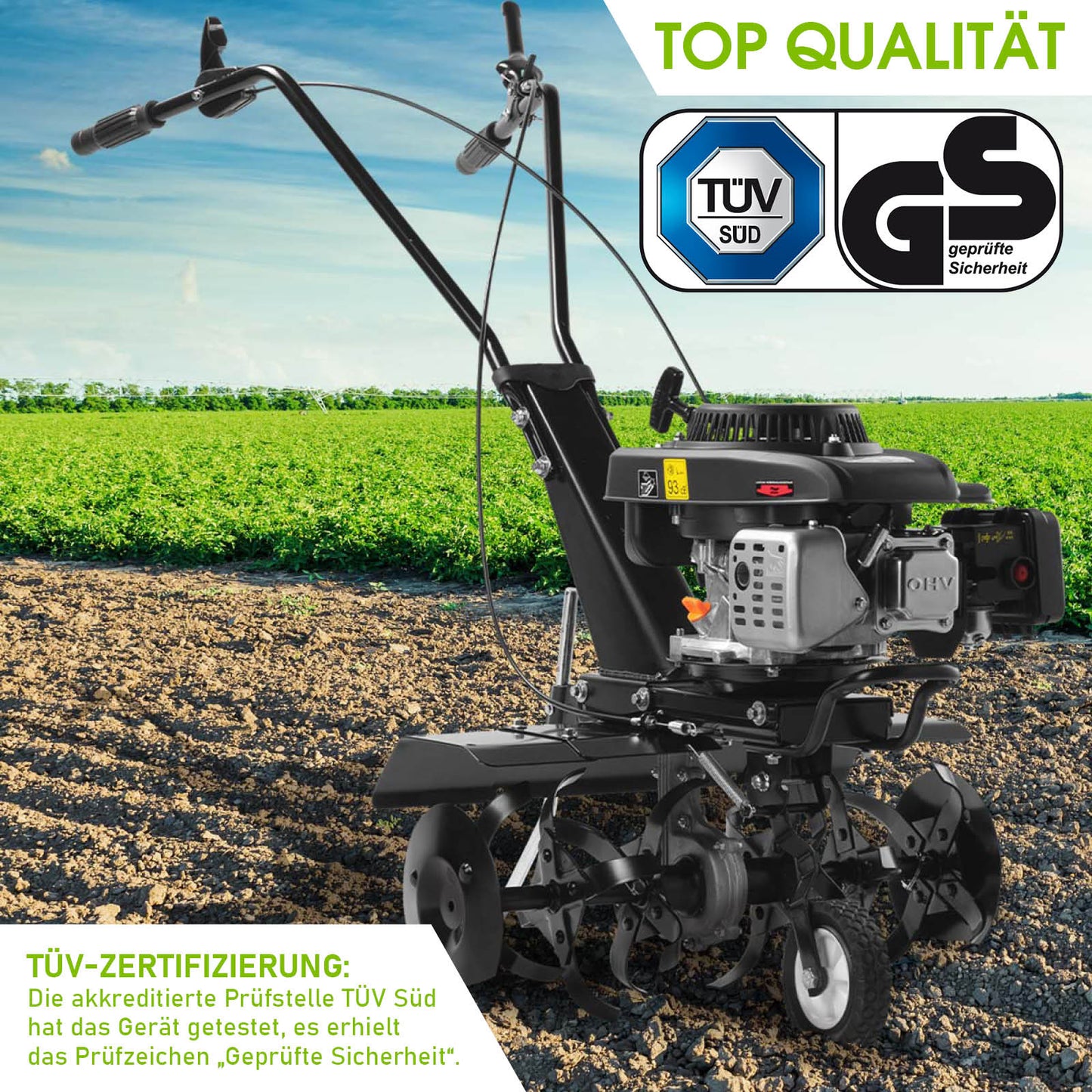 Schwarze Motorhacke mit Benzinmotor und Stahlfräse, Gartenfräse Bodenfräse Pfug für Gartenarbeiten.
