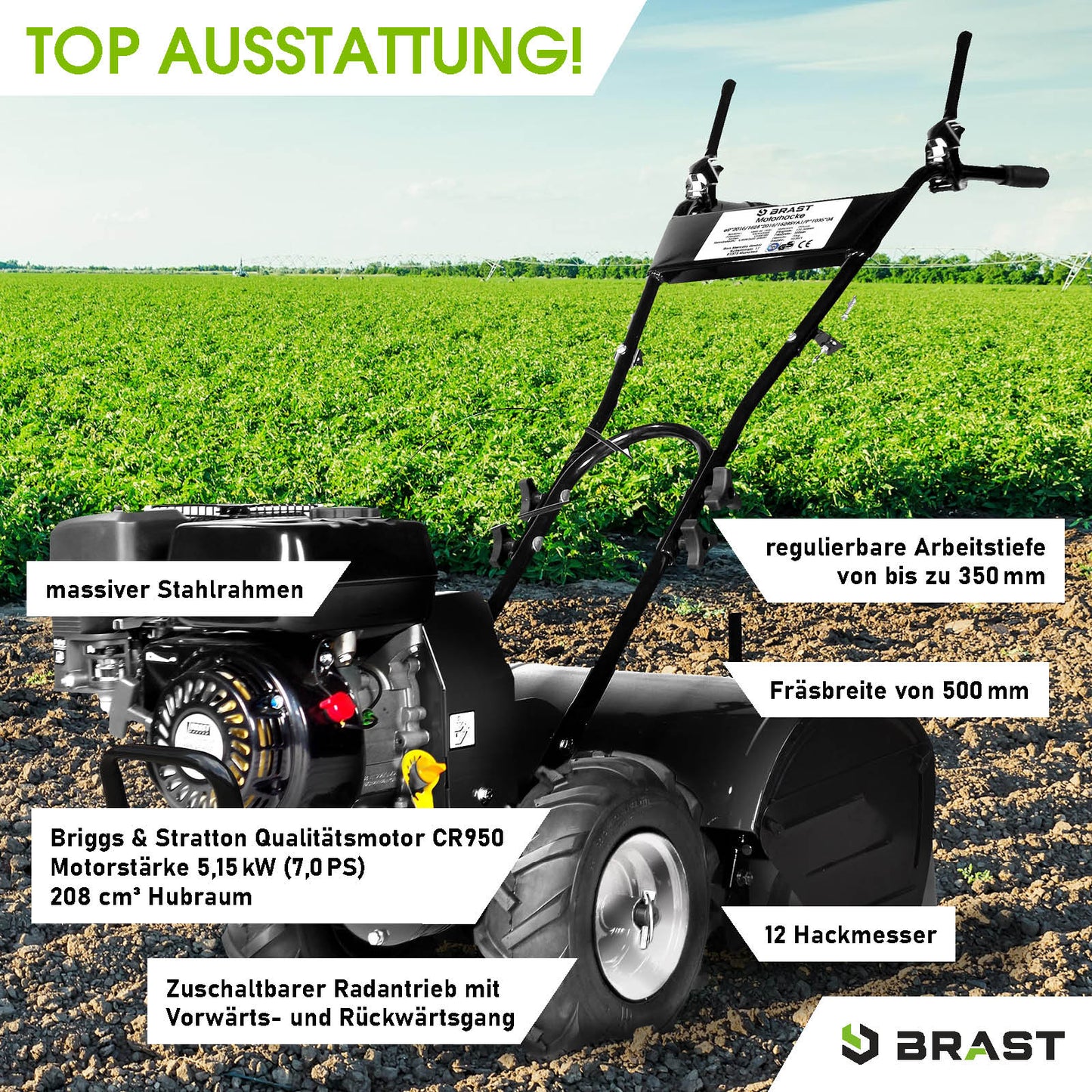 Schwarze Motorhacke mit Briggs & Stratton Motor, verstellbarem Griff und 12 Hackmessern, Bodenfräse Gartenfräse für.