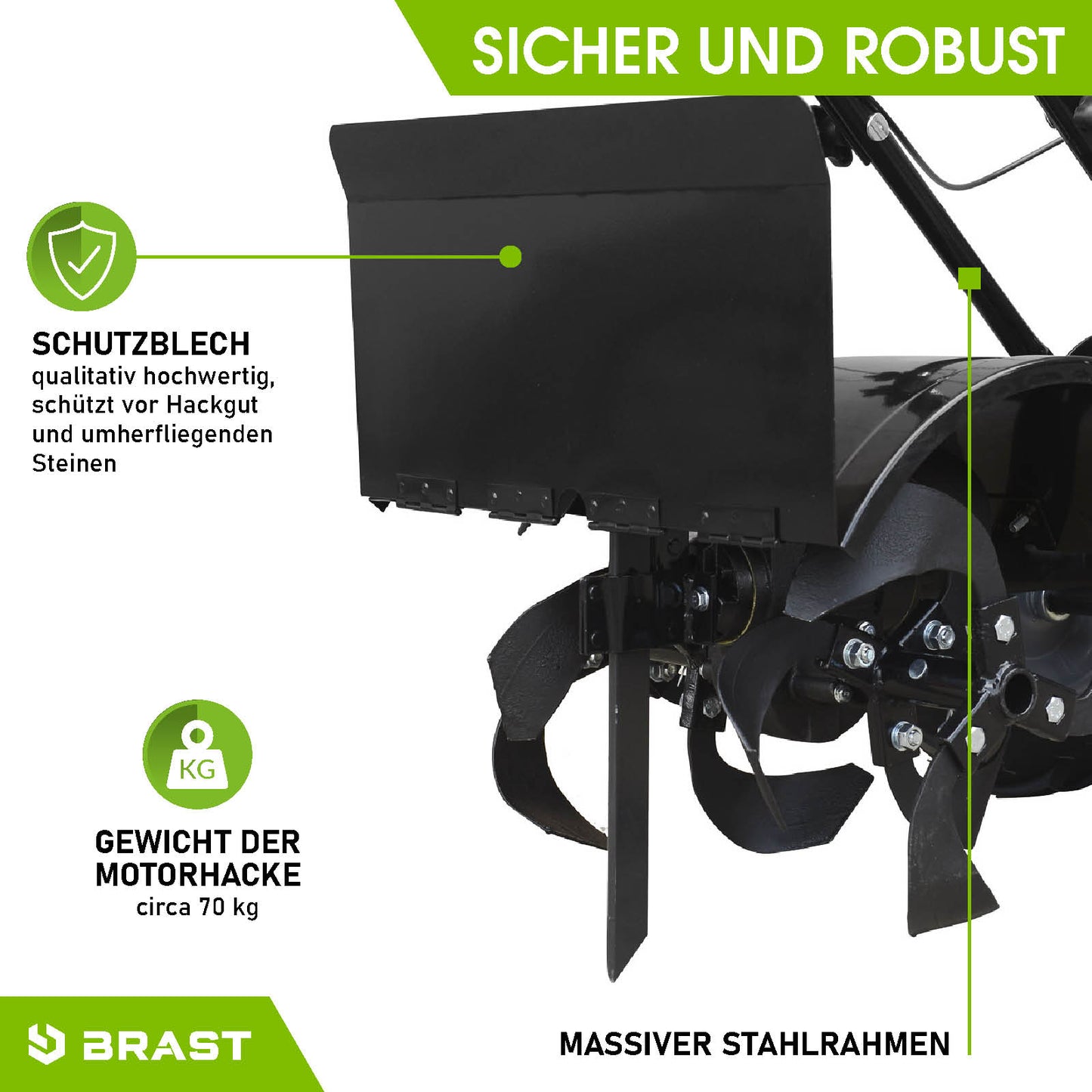 Schwarzes Schutzblech und massiver Stahlrahmen der Motorhacke Gartenfräse mit robustem Aufbau.