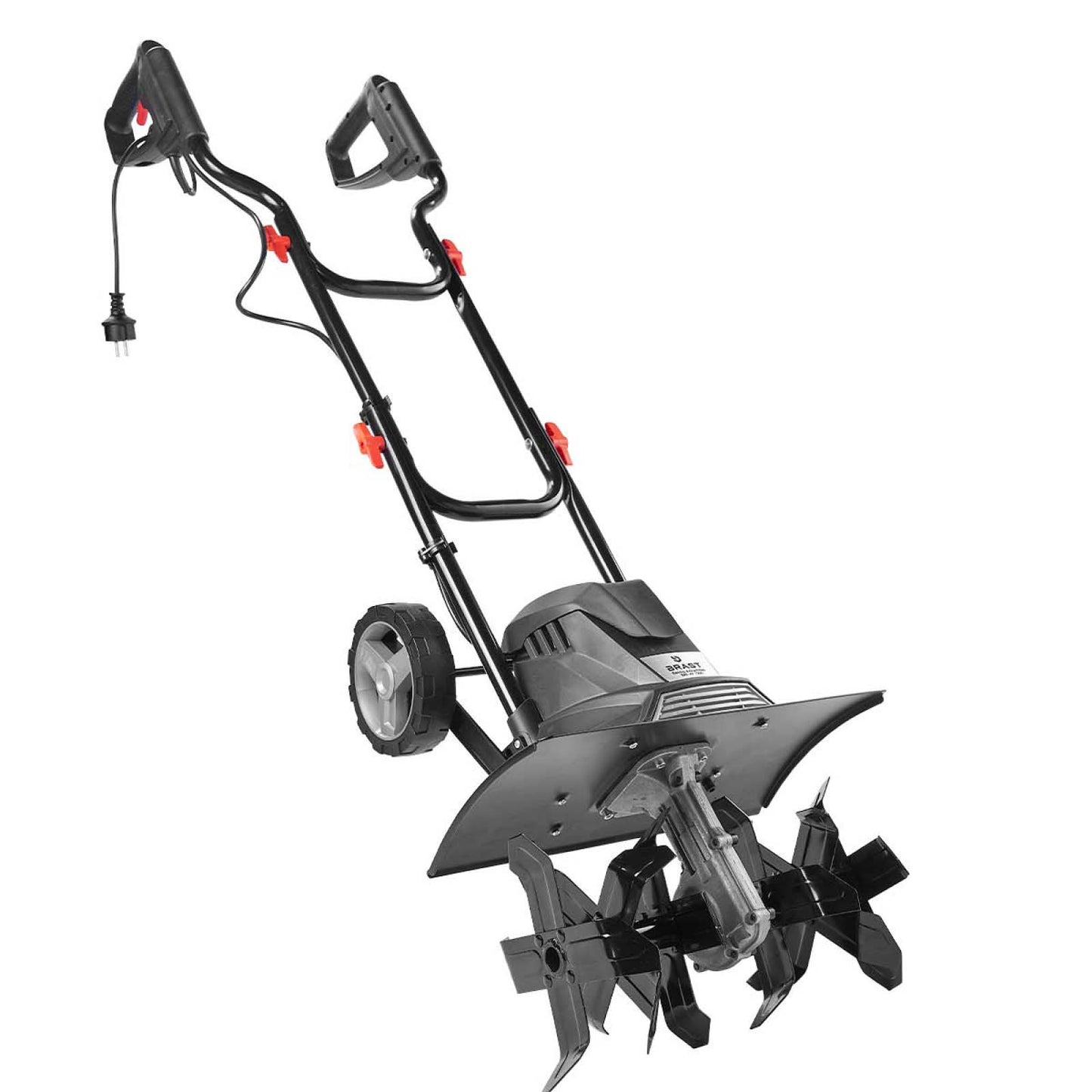 Schwarze Elektro Motorhacke mit zwei Rädern und sechszinkigem Gartenfräse-Pflug aus Metall, Bodenfräse Gartenfräse Motorhacke.