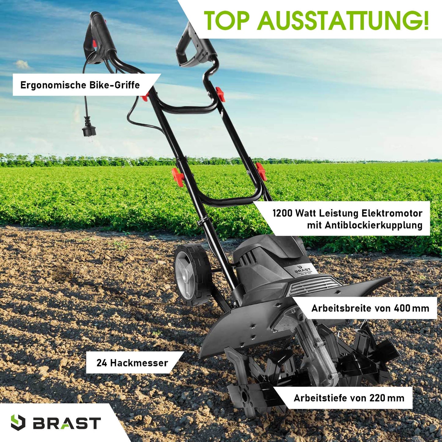 Schwarze Elektro Motorhacke mit 1200 Watt Motor, 24 Hackmesser, 400 mm Arbeitsbreite, ergonomische Bike-Griffe, Gartenfräse.