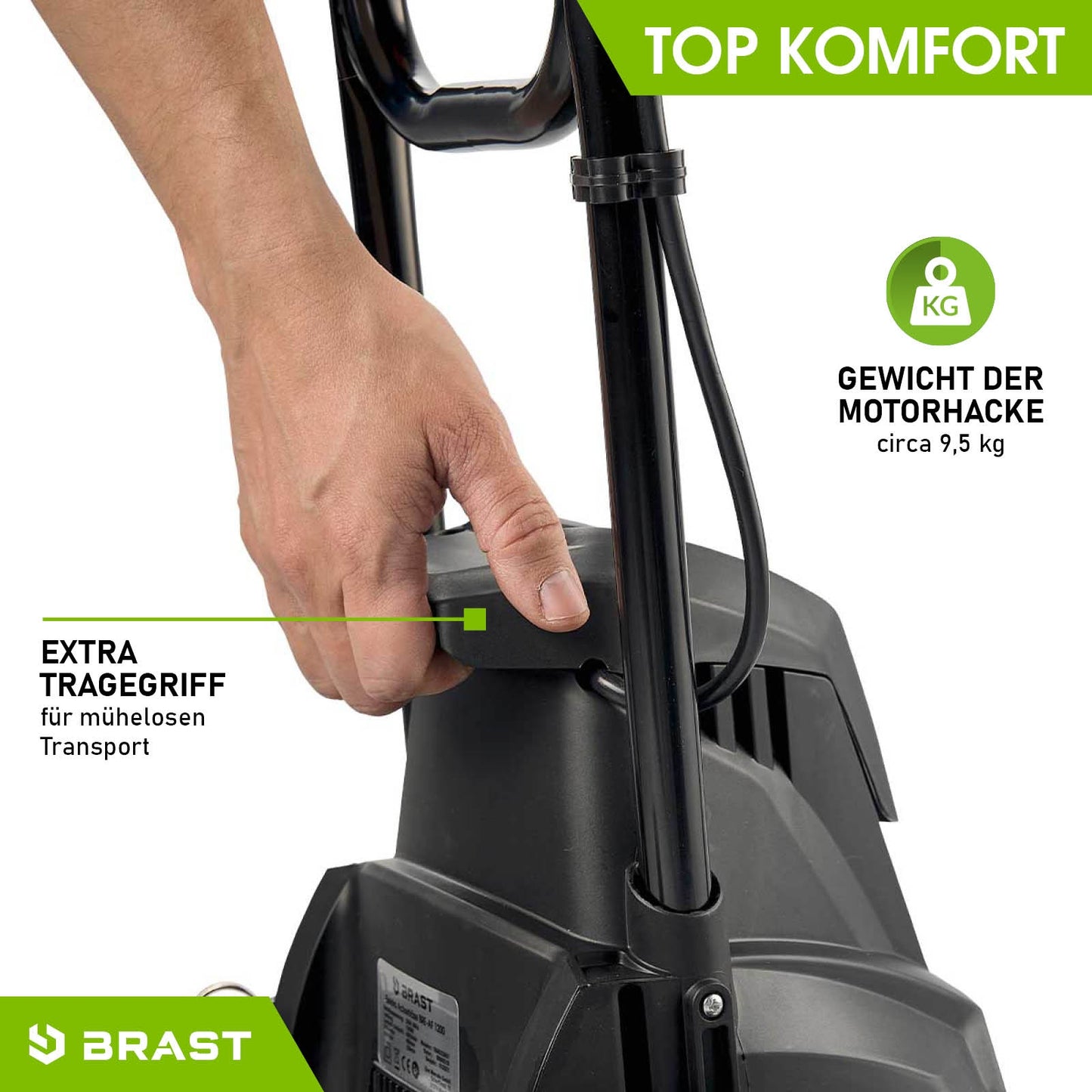 Schwarze Elektro-Motorhacke mit ergonomischem Tragegriff und stabilem Metallrahmen, Gartenfräse Bodenfräse Gartenfräse.