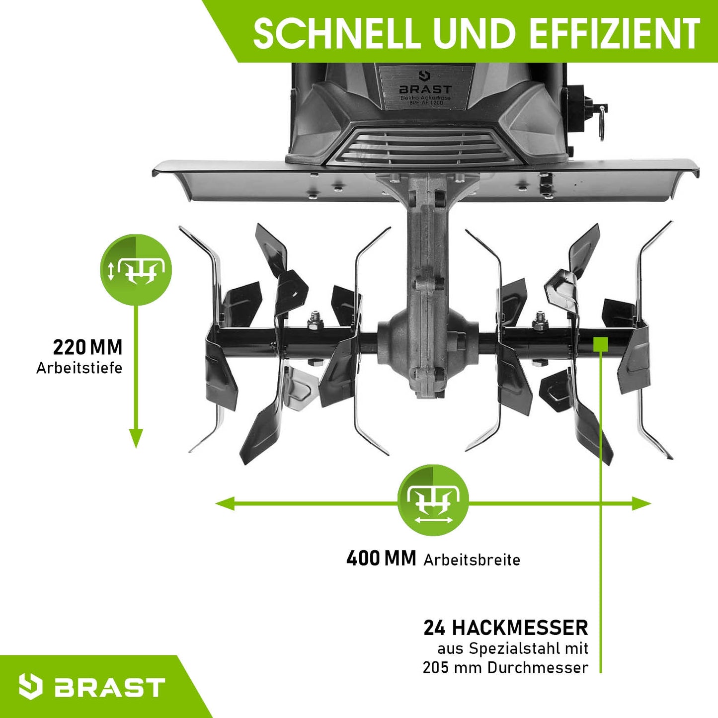 Elektro Motorhacke mit 24 Hackmessern, 220 mm Arbeitstiefe, 400 mm Arbeitsbreite, bodenfräse gartenfräse.