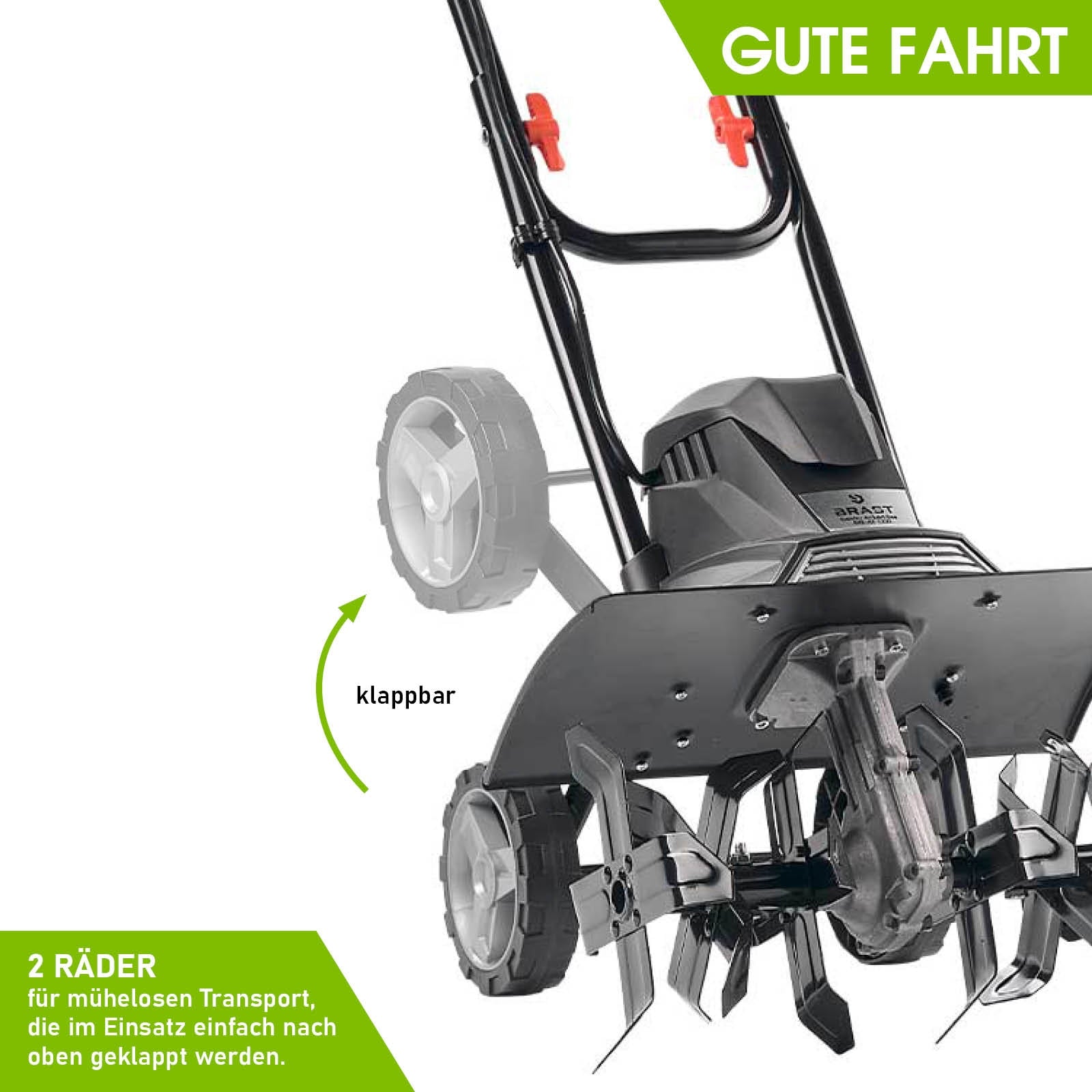 Schwarze Elektro Motorhacke mit klappbaren Rädern, Bodenfräse Gartenfräse für leichte Bodenbearbeitung, Motorhacke.